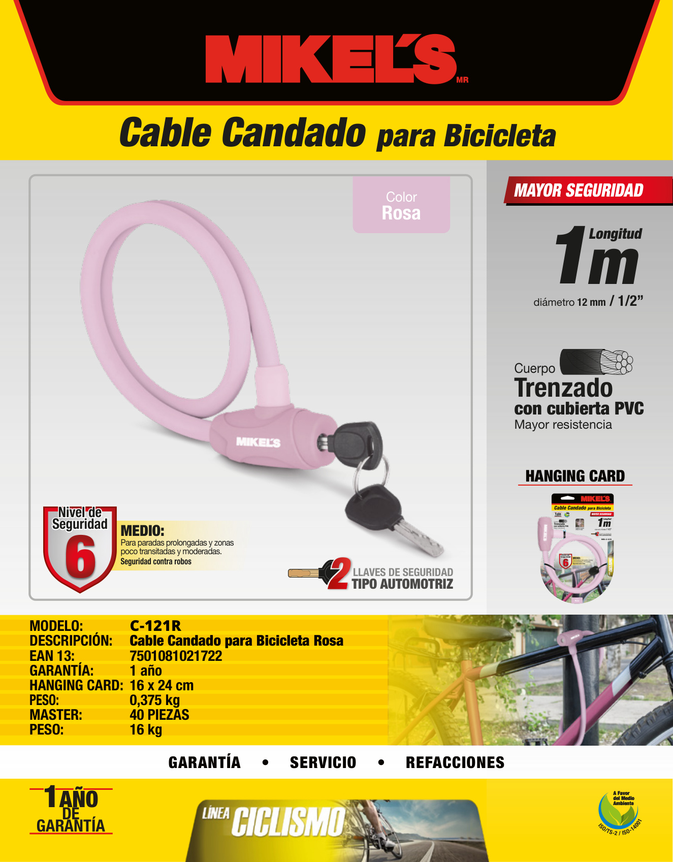 MIKELS C-121R Cable candado con llaves, color rosa (1 mt) - Imagen 4