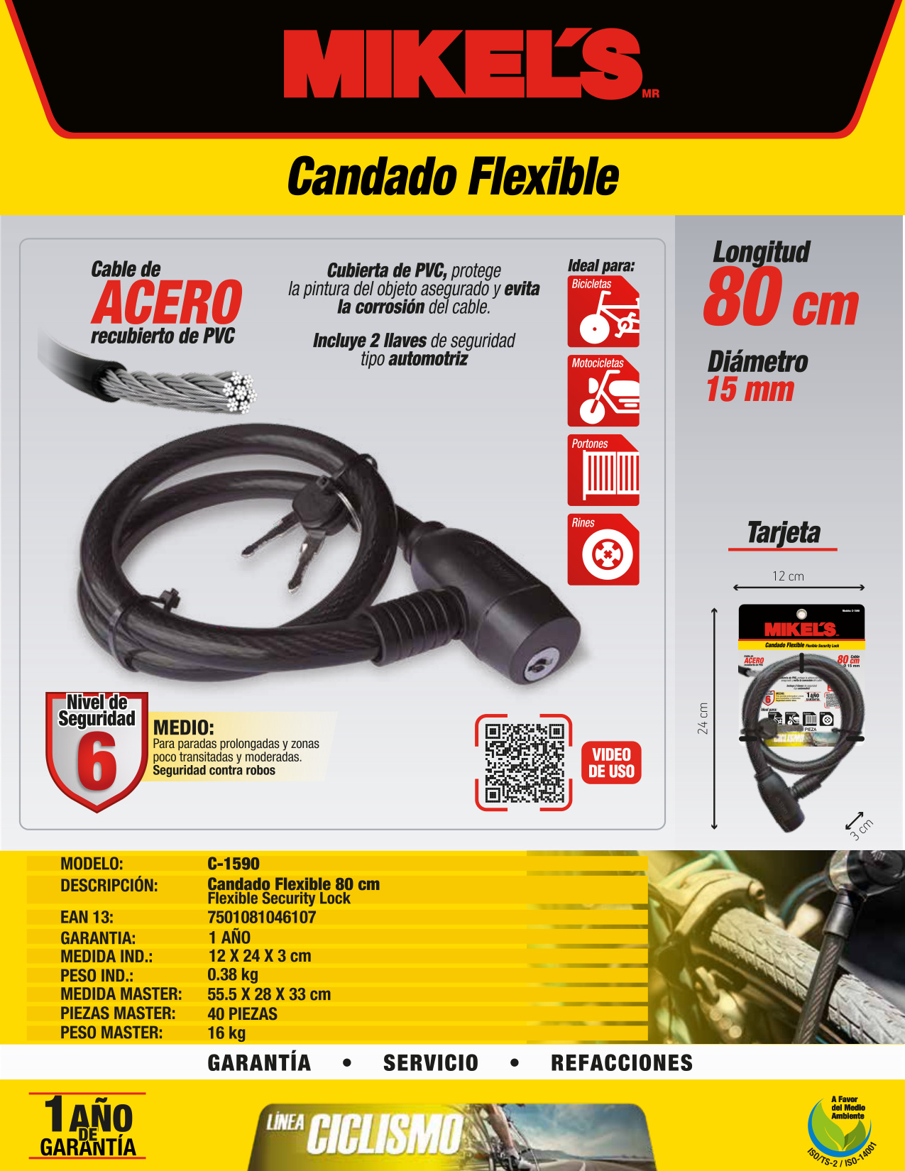 MIKELS C-1590 Cable candado con llaves (80 cms) - Imagen 4