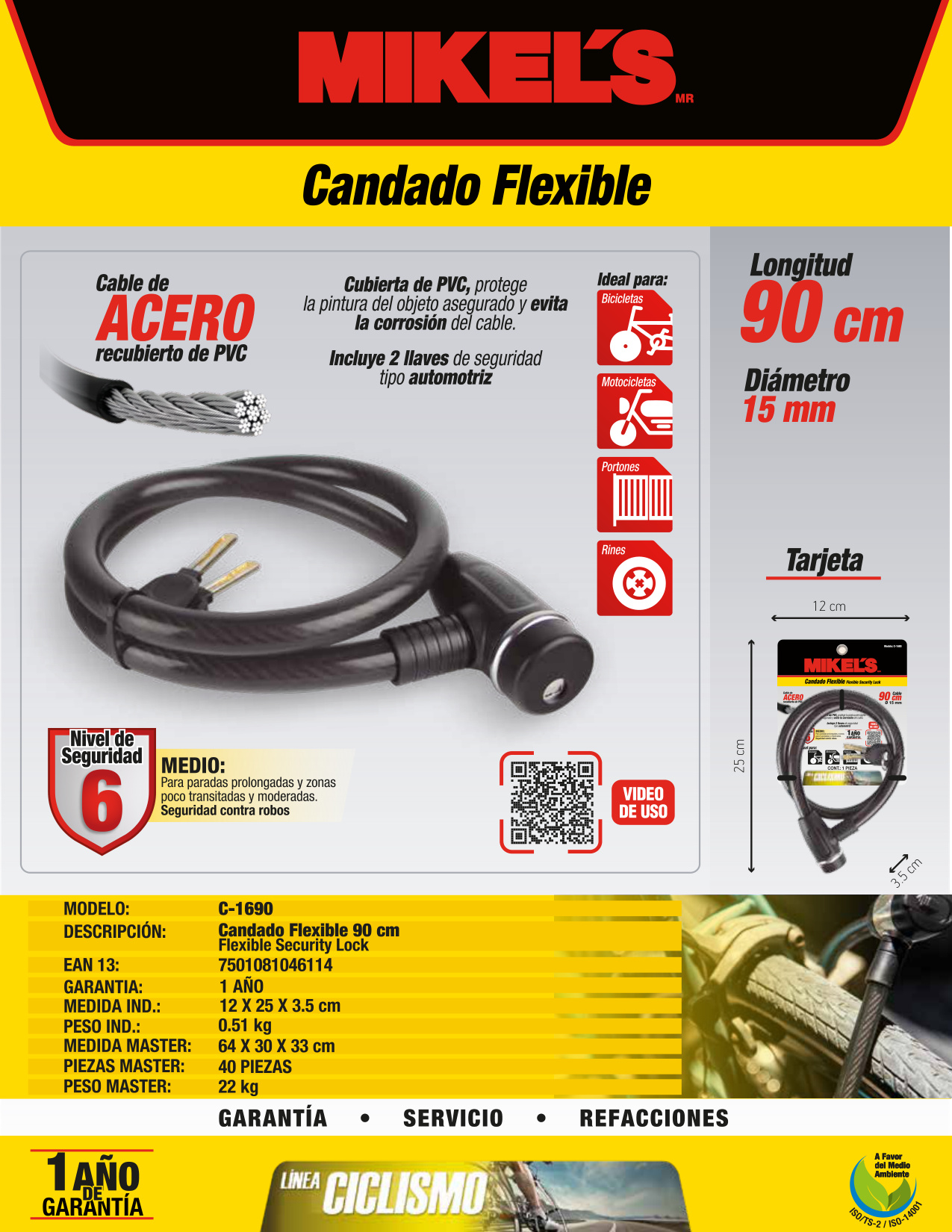 MIKELS C-1690 Cable candado flexible con llaves (90 cms) - Imagen 4