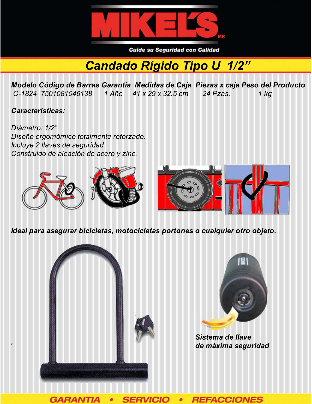 MIKELS C-1824 Cable candado rígido de acero (tipo U) - Imagen 4