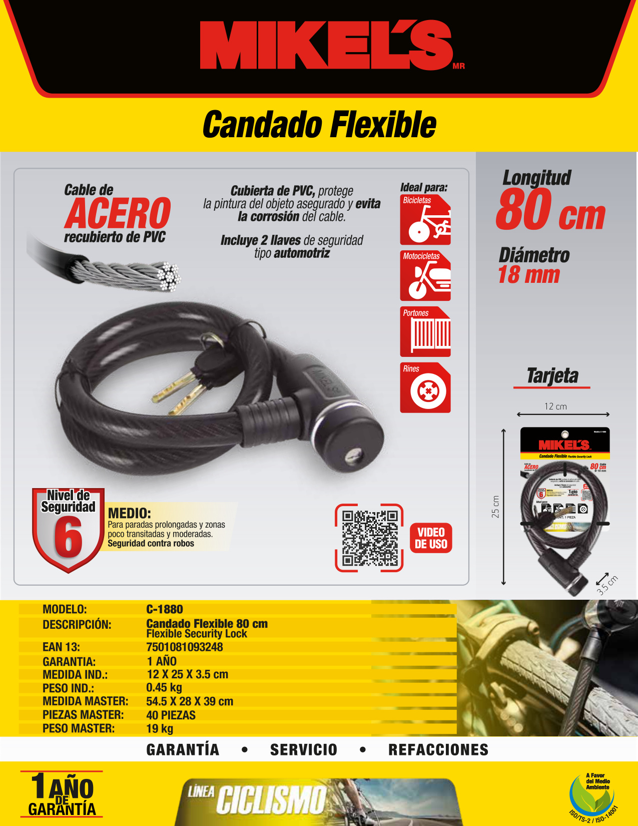 MIKELS C-1880 Cable candado flexible, 2 llaves planas (80 cms) - Imagen 4