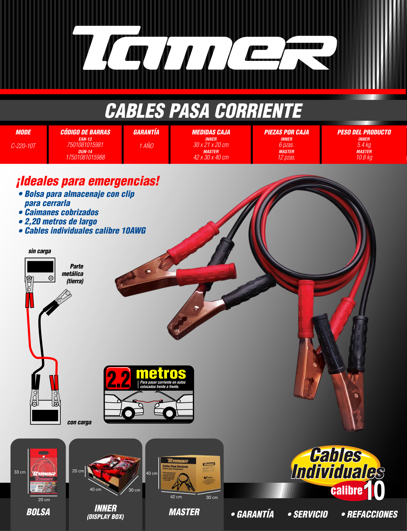 TAMER C-220-10T Cables pasa corriente, 2.2 mts, 180 amp, calibre 10 - Imagen 4