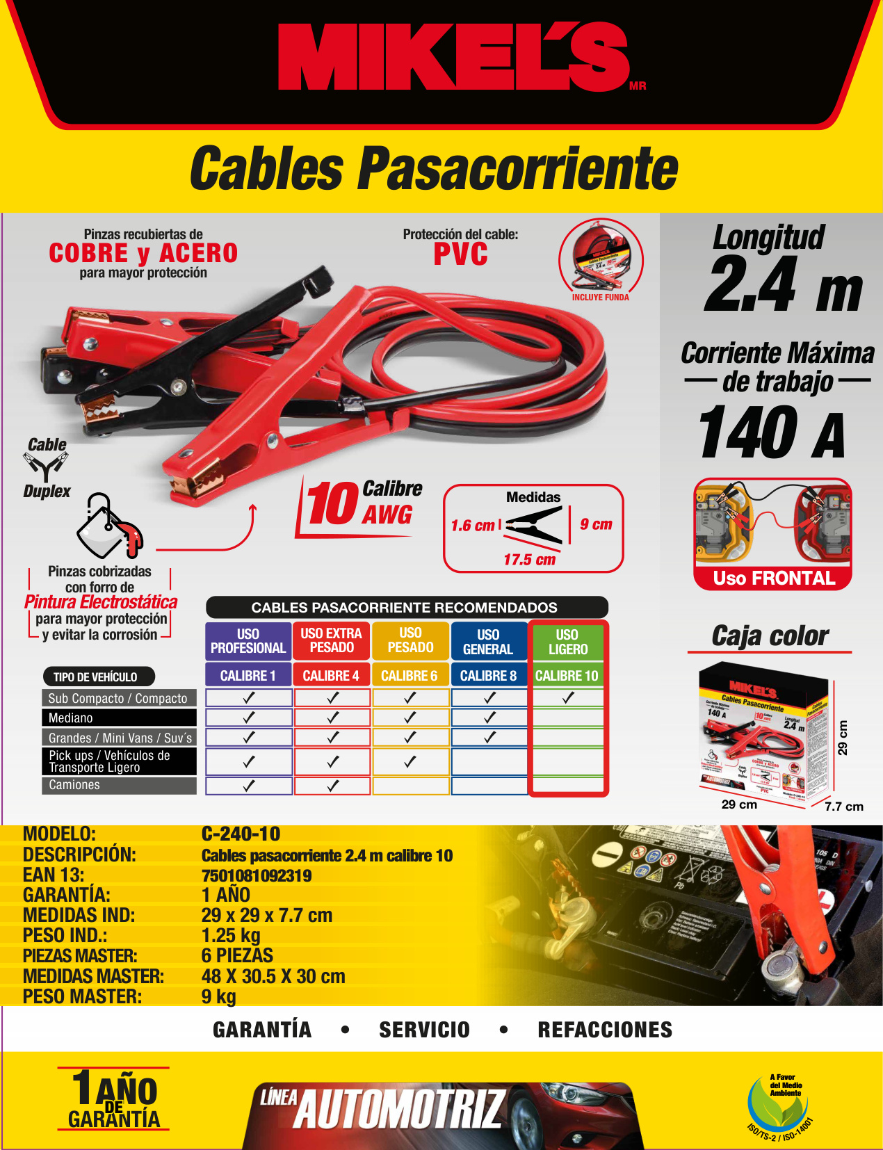 MIKELS C-240-10 Cables pasa corriente, 2.4 mts, 140 amp, calibre 10 - Imagen 4