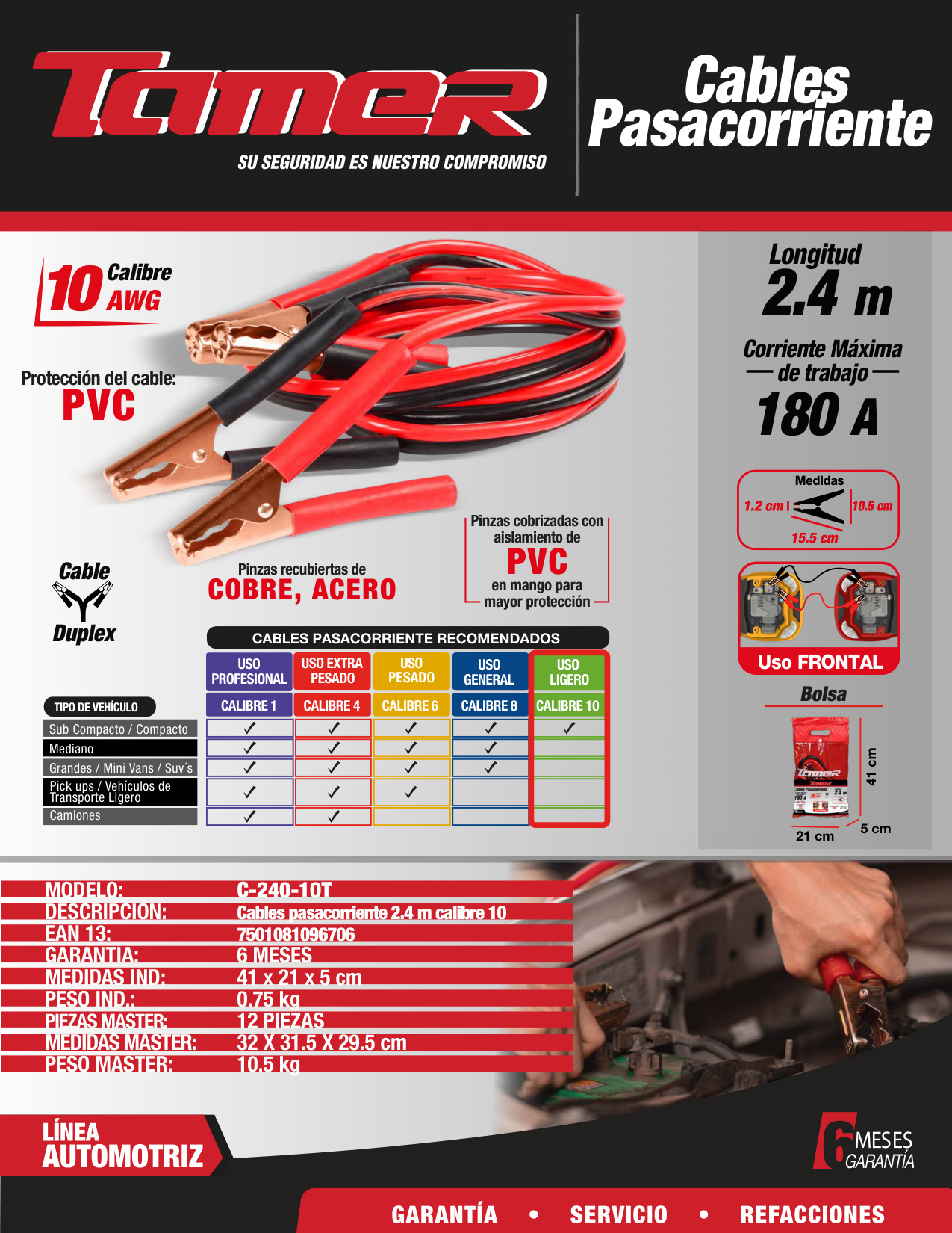 TAMER C-240-10T Cables pasa corriente, 2.4 mts, 180 amp, calibre 10 - Imagen 4