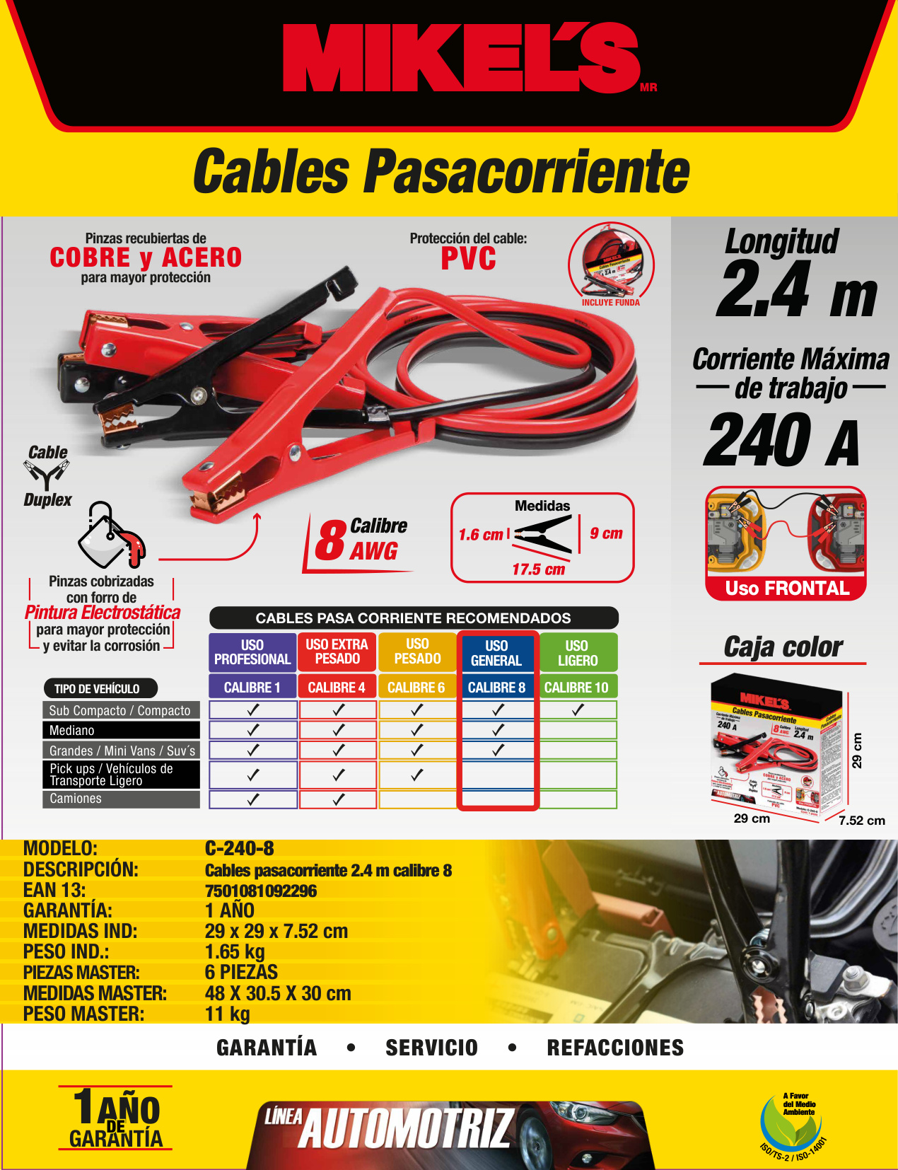 MIKELS C-240-8 Cables pasa corriente, 2.4 mts, 240 amp, calibre 8 - Imagen 4