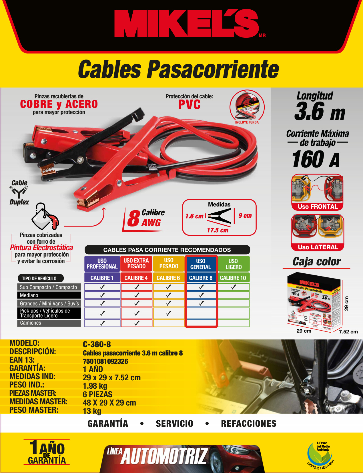 MIKELS C-360-8 Cables pasa corriente, 3.6 mts, 160 amp, calibre 8 - Imagen 4
