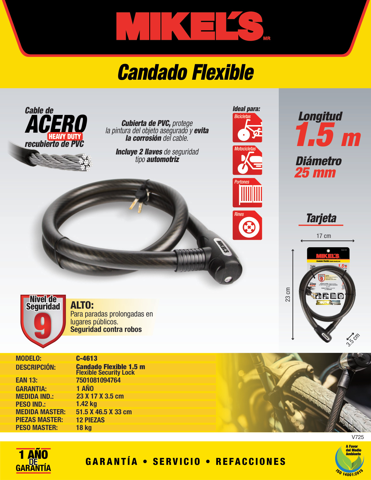 MIKELS C-4613 Cable candado flexible HD  con llaves (1.5 mts) - Imagen 4