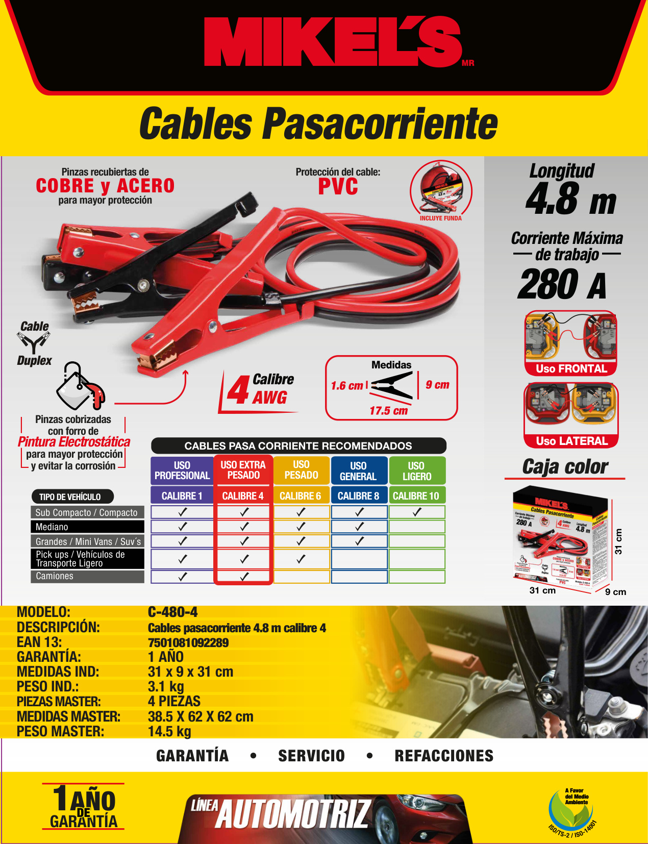 MIKELS C-480-4 Cables pasa corriente, 4.8 mts, 280 amp, calibre 4 - Imagen 4