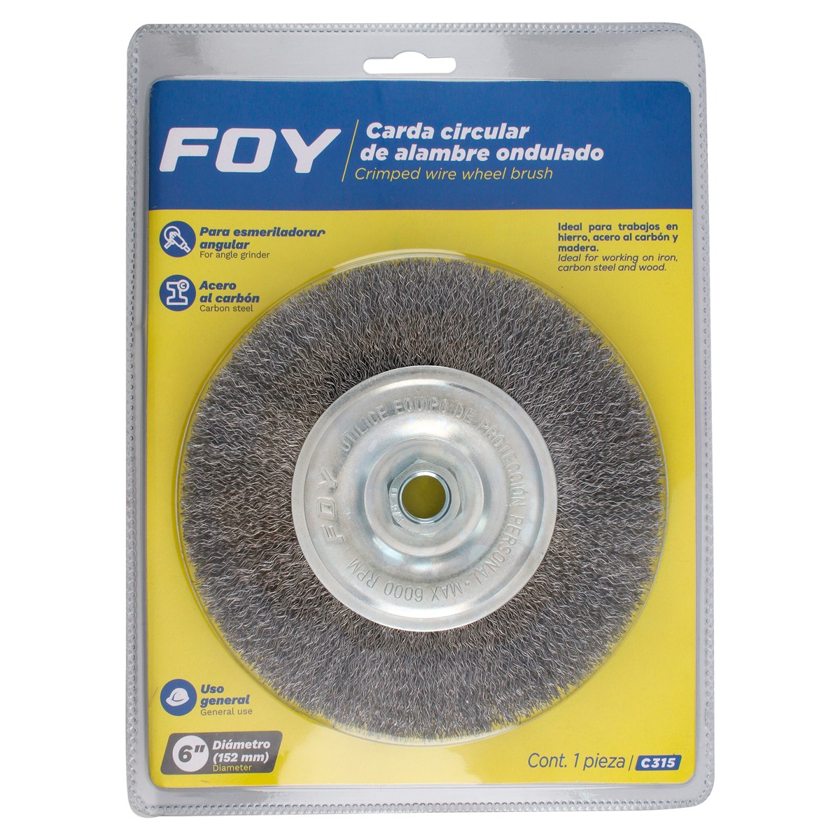 Carda circular ondulada alambre delgado 6" x 0.30 con rosca 5/8" Foy - Imagen 2