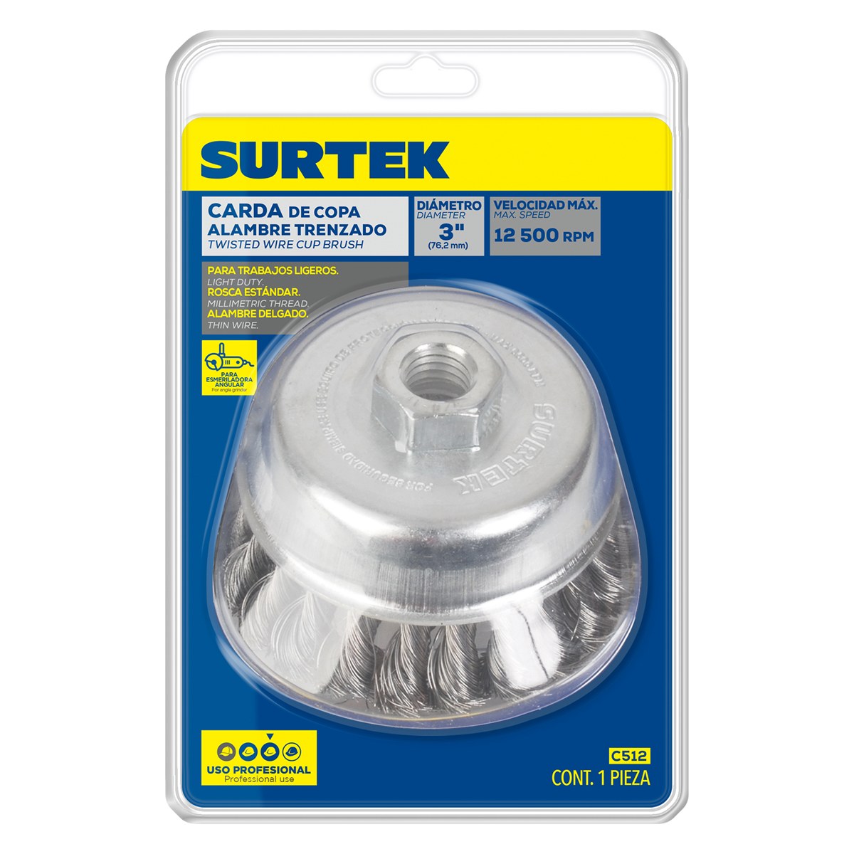 Carda copa trenzada alambre delgado 3" x 0.35 mm con rosca 5/8" Surtek - Imagen 2
