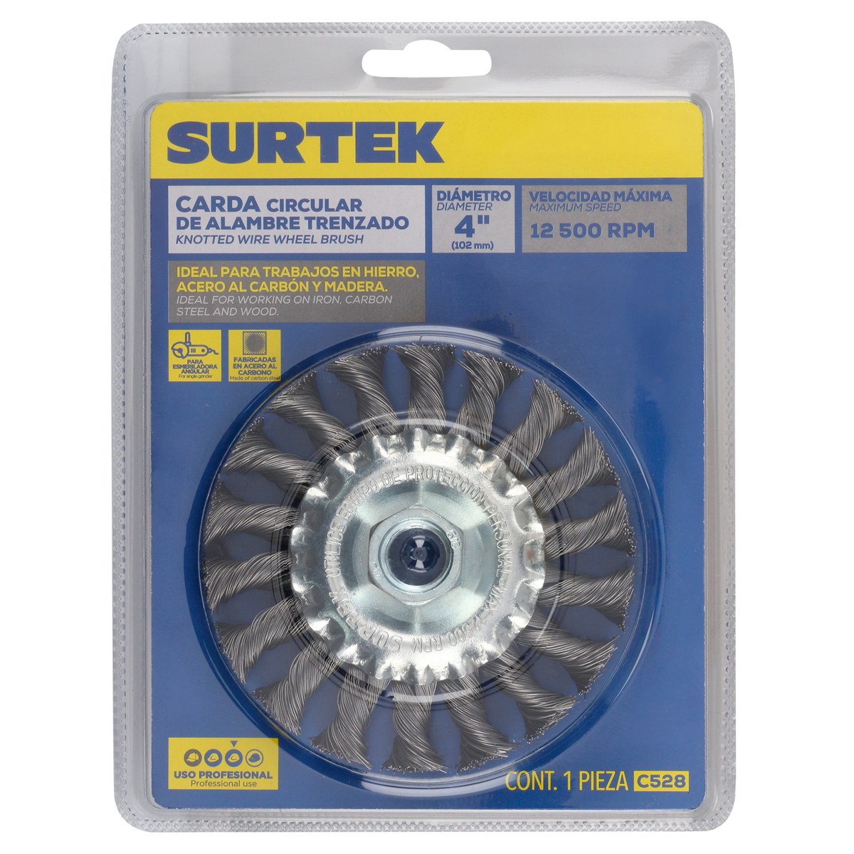 Carda circular trenzada alambre delgado 4" x 0.35 mm con rosca 5/8" Surtek - Imagen 2
