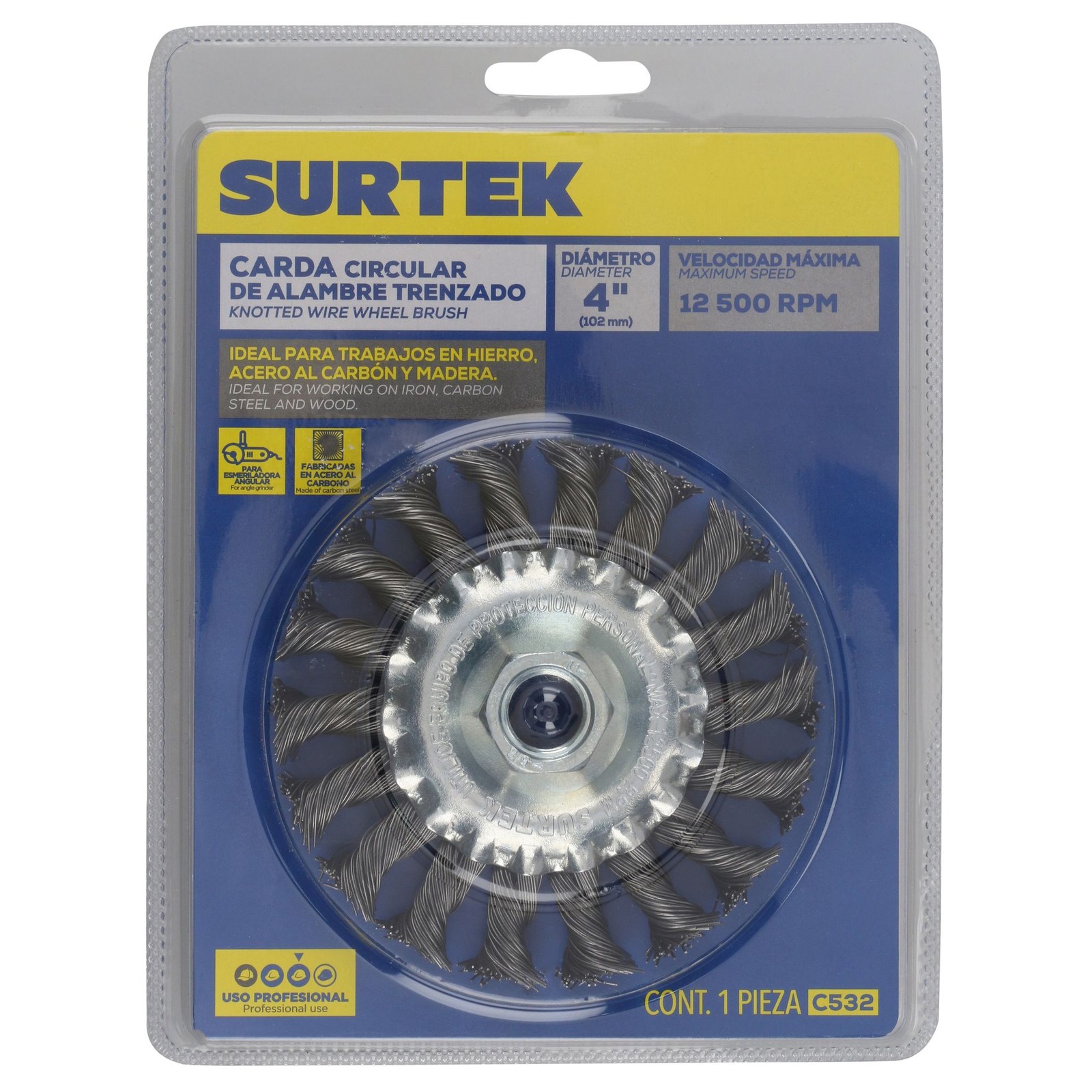 Carda circular trenzada alambre grueso 4" x 0.50 mm con rosca 5/8" Surtek - Imagen 2