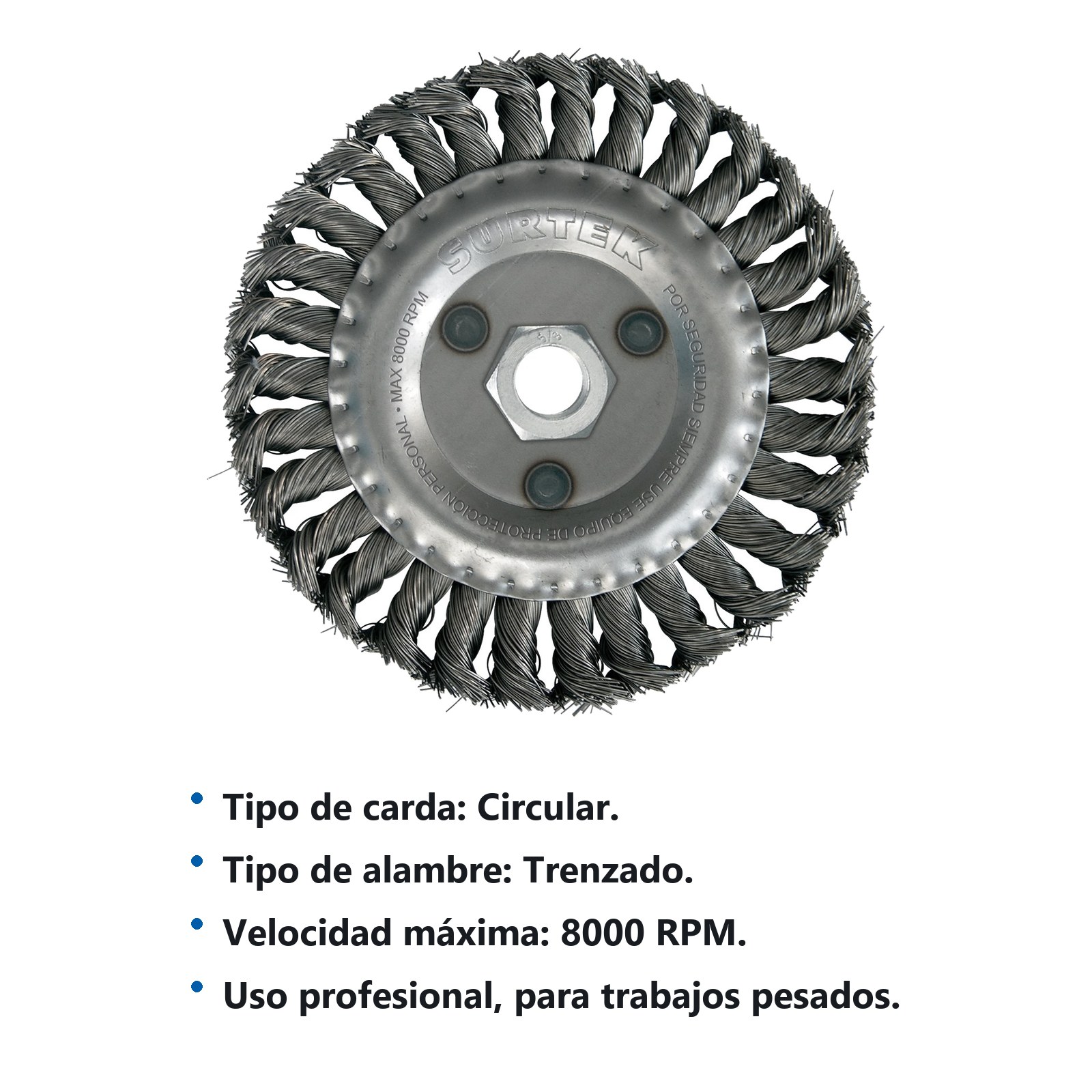 Carda circular trenzada alambre grueso 6" x 0.51 mm con rosca 5/8" Surtek - Imagen 2