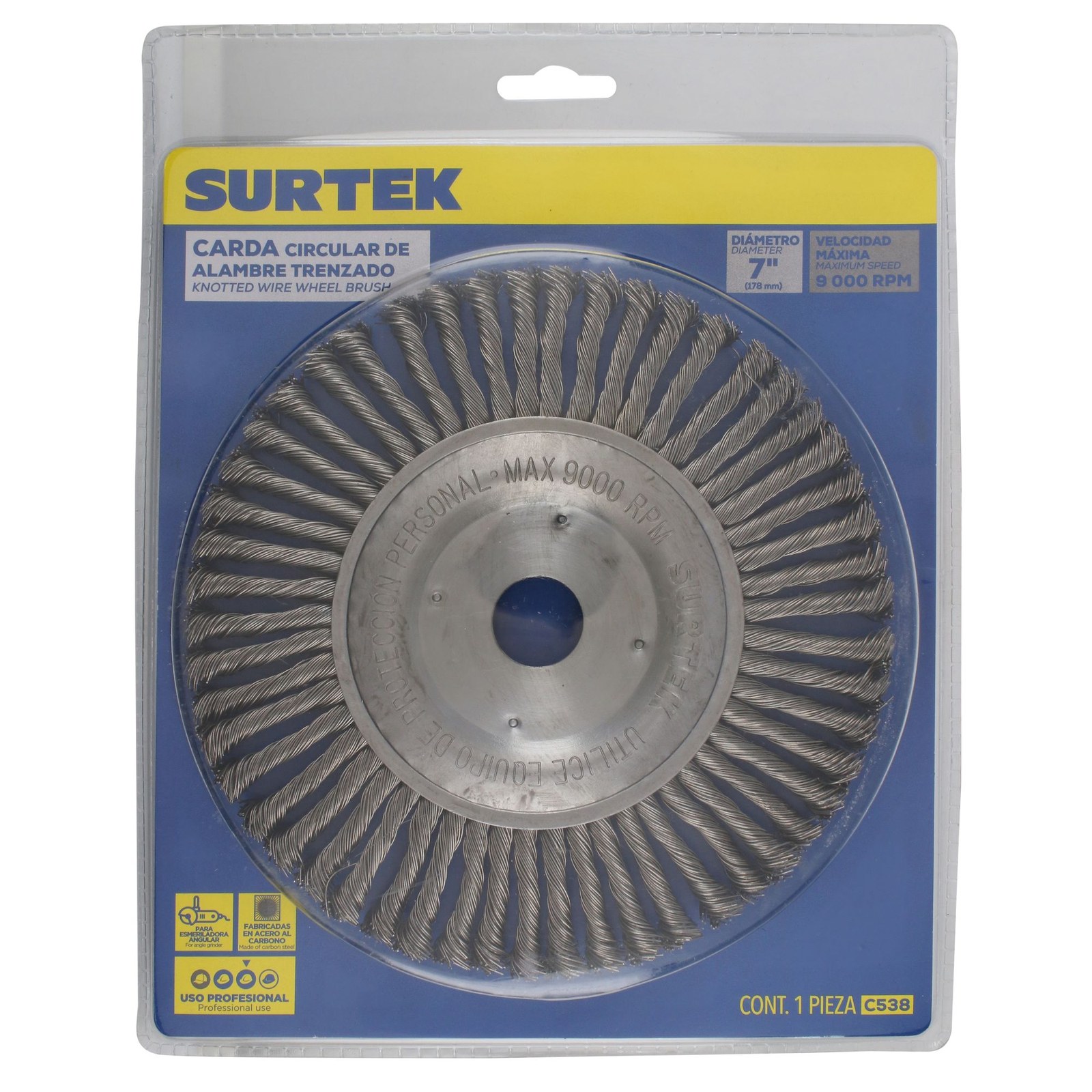 Carda circular trenzada alambre grueso 7" x 0.50 mm con rosca 7/8" Surtek - Imagen 2