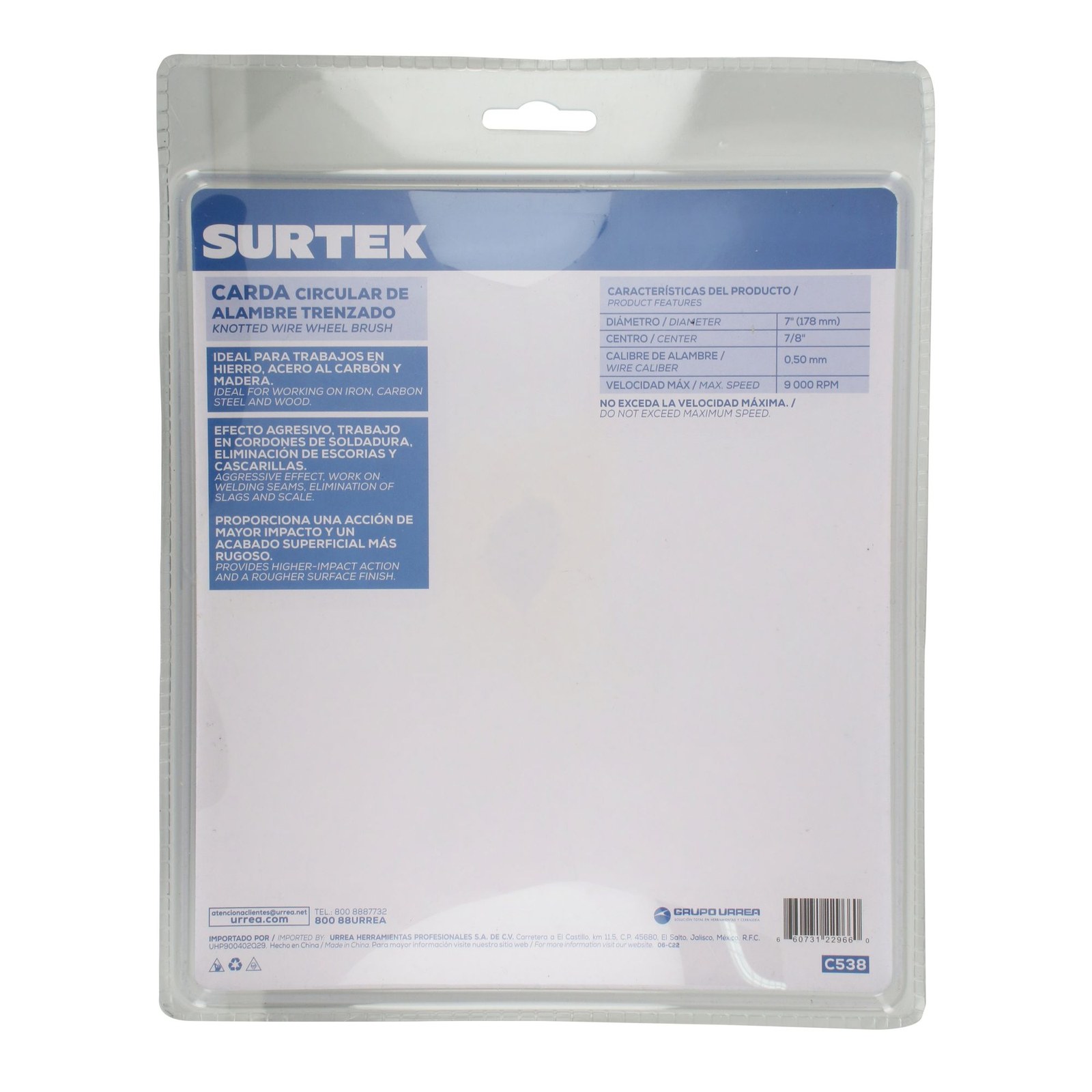 Carda circular trenzada alambre grueso 7" x 0.50 mm con rosca 7/8" Surtek - Imagen 3