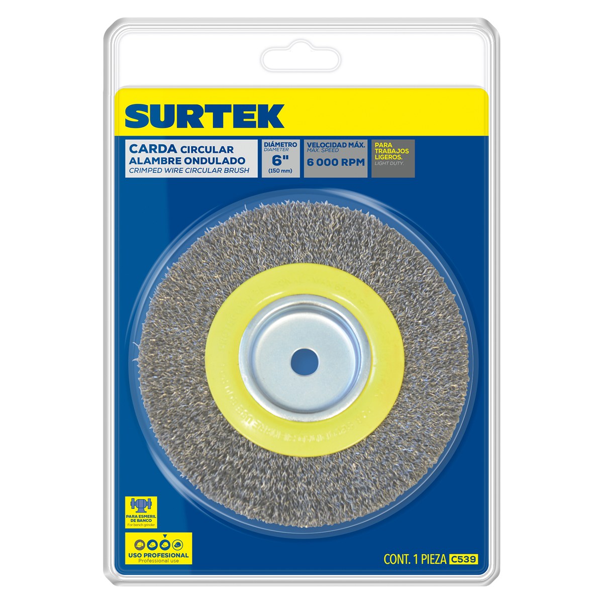 Carda circular ondulada alambre delgado para esmeril 6" x 3/4" eje 1/2" Surtek - Imagen 2