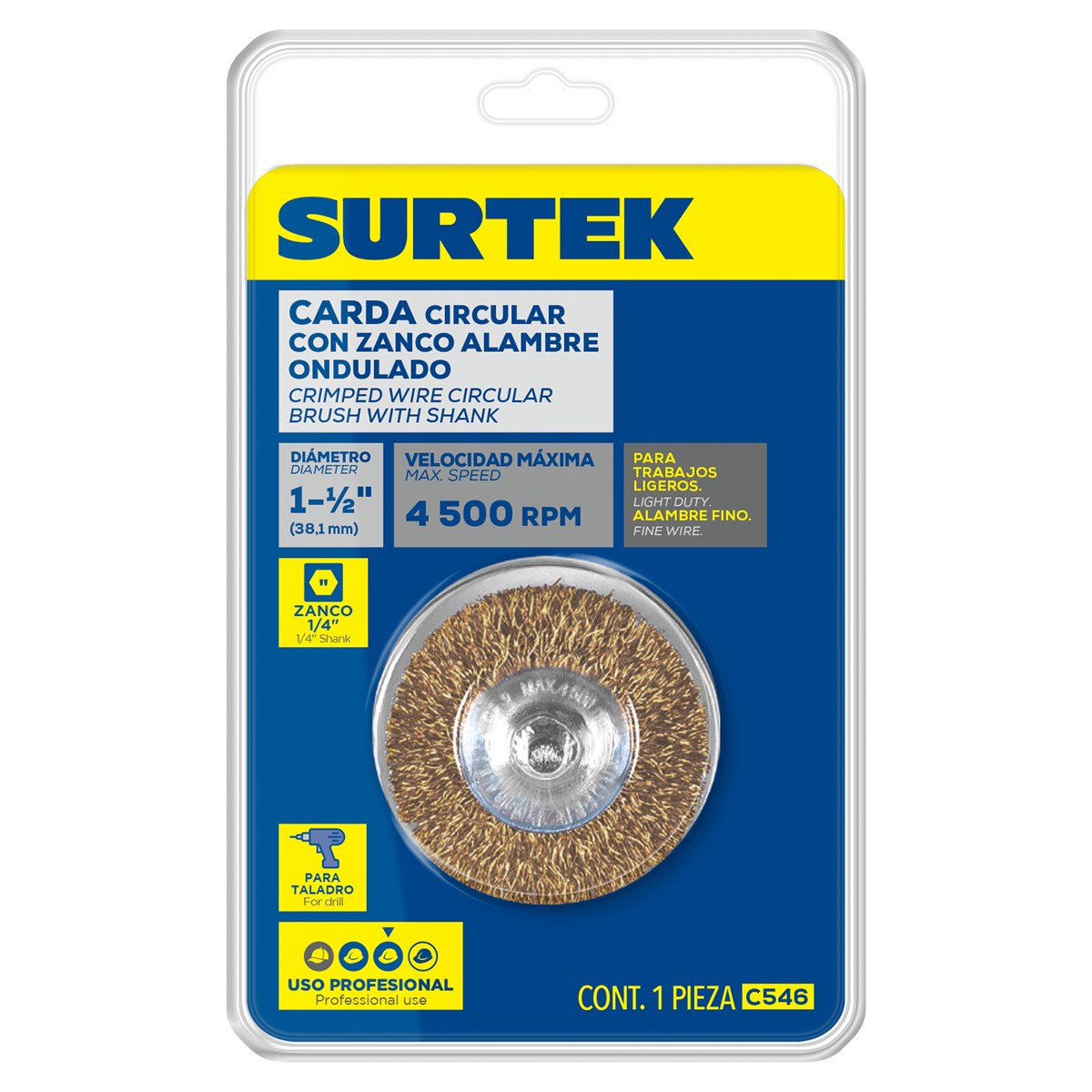 Carda circular ondulada alambre fino 1-1/2" x 0.17 mm con zanco 1/4" Surtek - Imagen 2