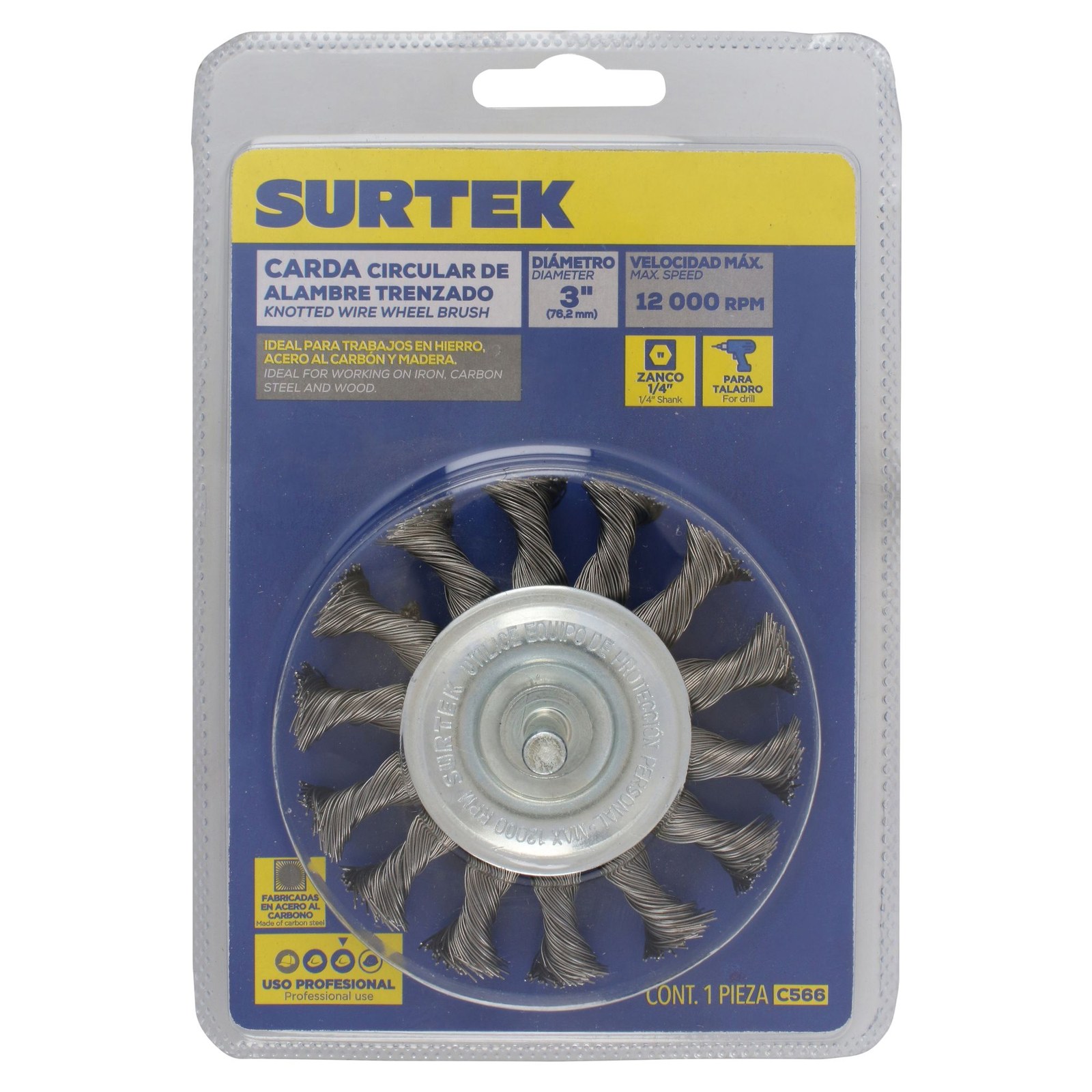 Carda circular trenzada alambre delgado 3" x 0.30 mm con zanco 1/4" Surtek - Imagen 2