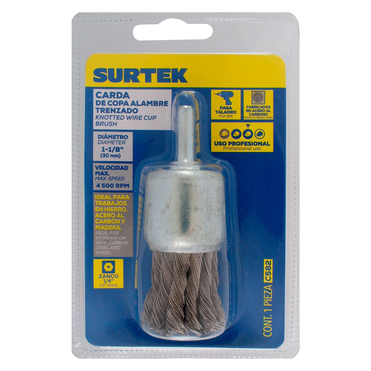 Carda copa trenzada alambre delgado 1-1/8" x 0.35 mm con zanco 1/4" Surtek - Imagen 2