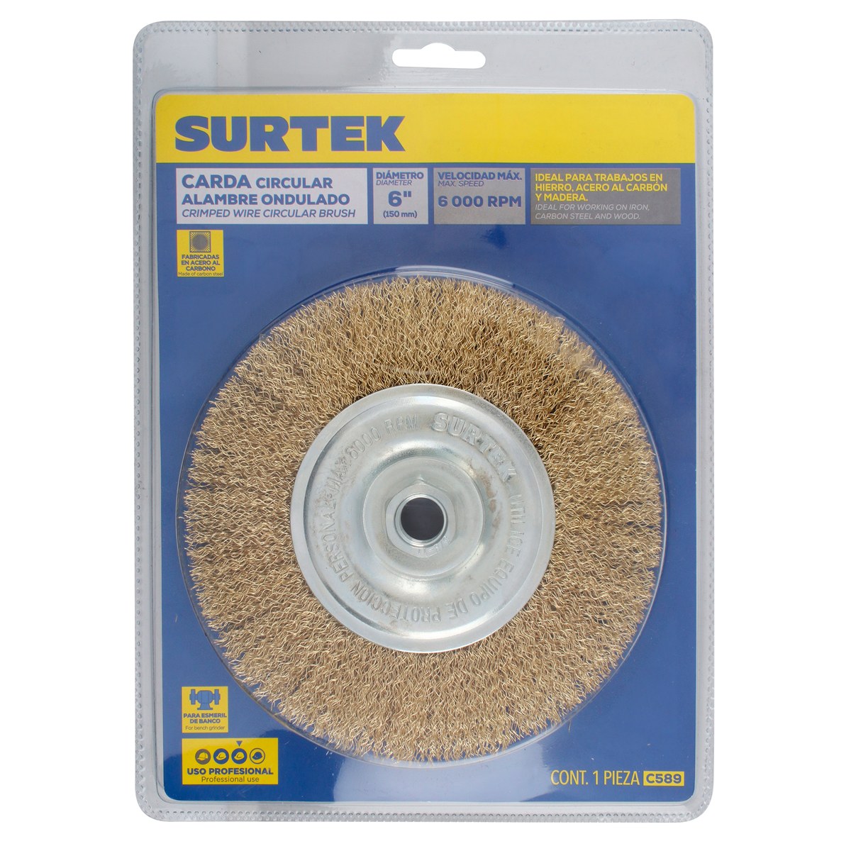 Carda circular ondulada alambre delgado 6" x 0.35 mm con rosca 5/8" Surtek - Imagen 2
