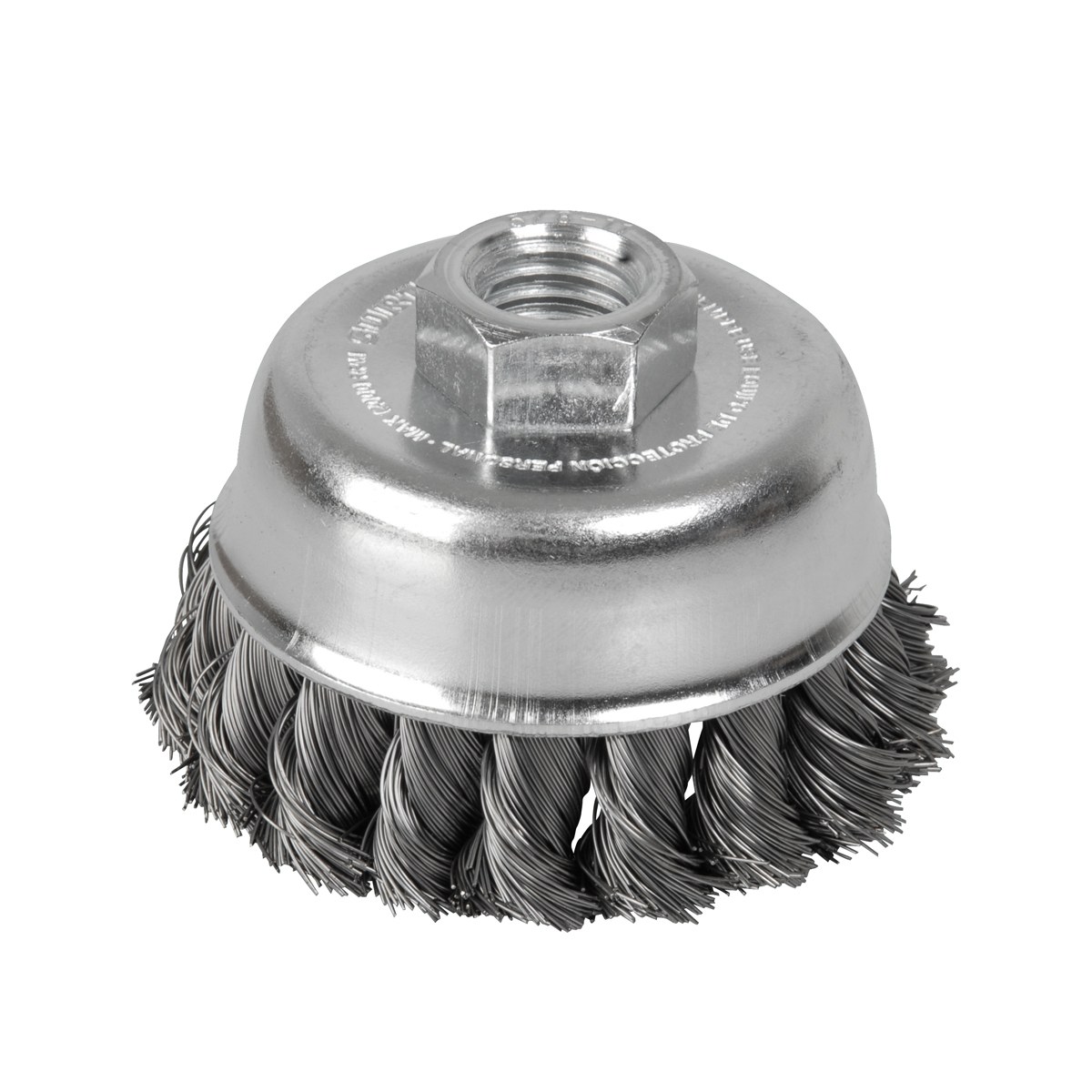 Carda copa trenzada alambre delgado de acero inoxidable 3" x 0.35 mm con rosca 5/8" Surtek