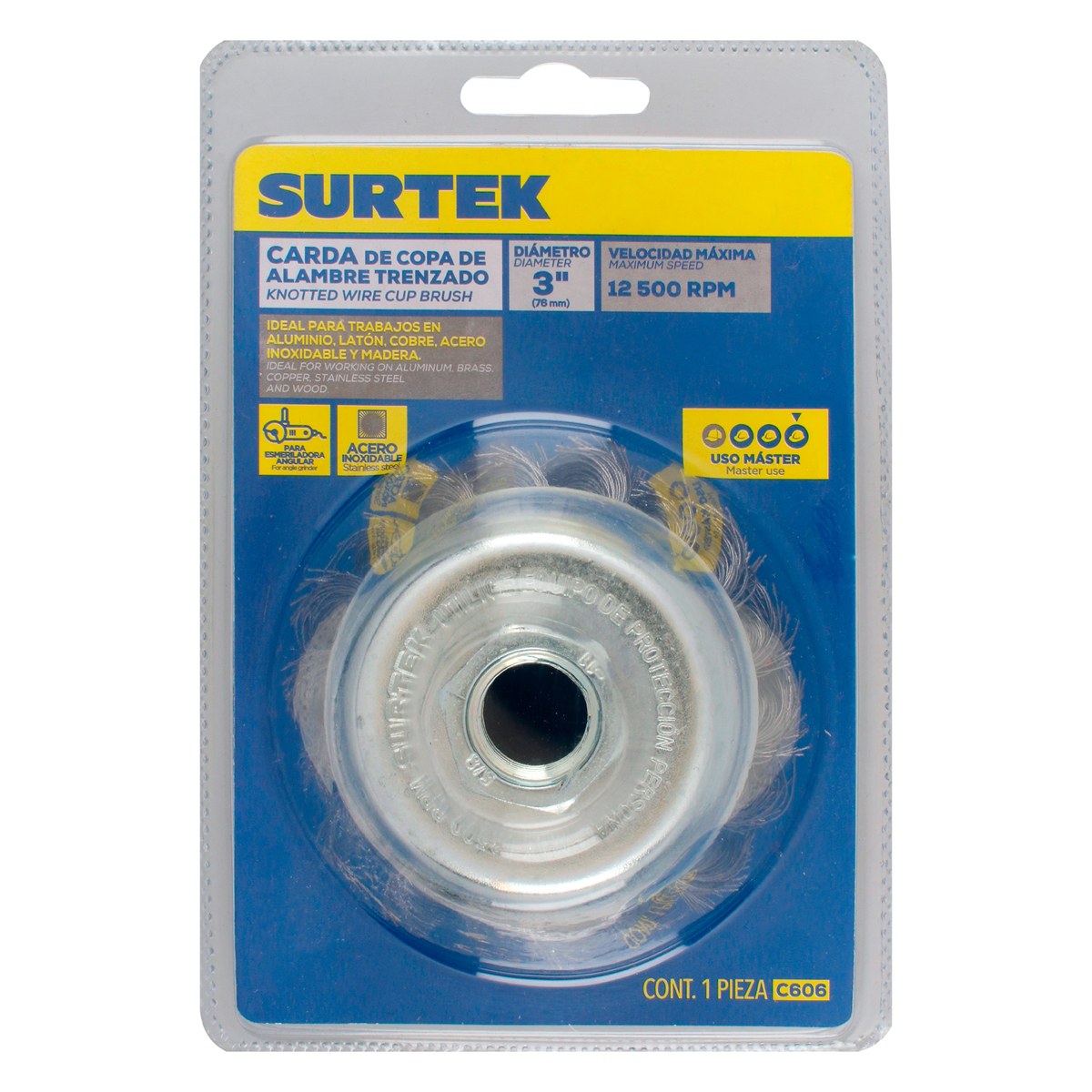 Carda copa trenzada alambre delgado de acero inoxidable 3" x 0.35 mm con rosca 5/8" Surtek - Imagen 2
