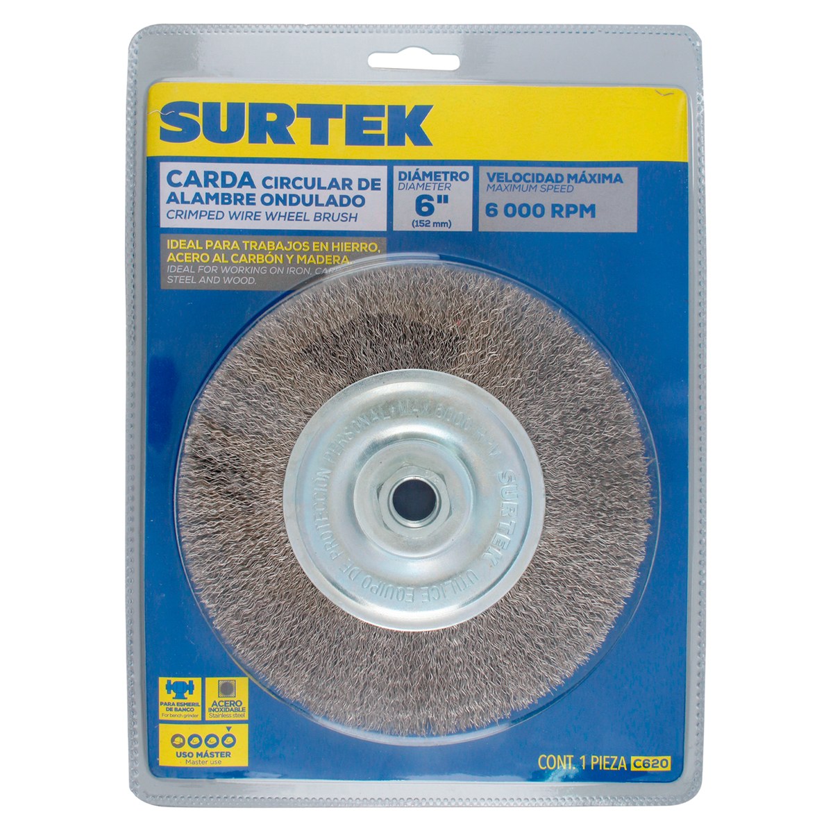 Carda circular ondulada alambre delgado de acero inoxidable 6" x 0.30 mm con rosca 5/8" Surtek - Imagen 2
