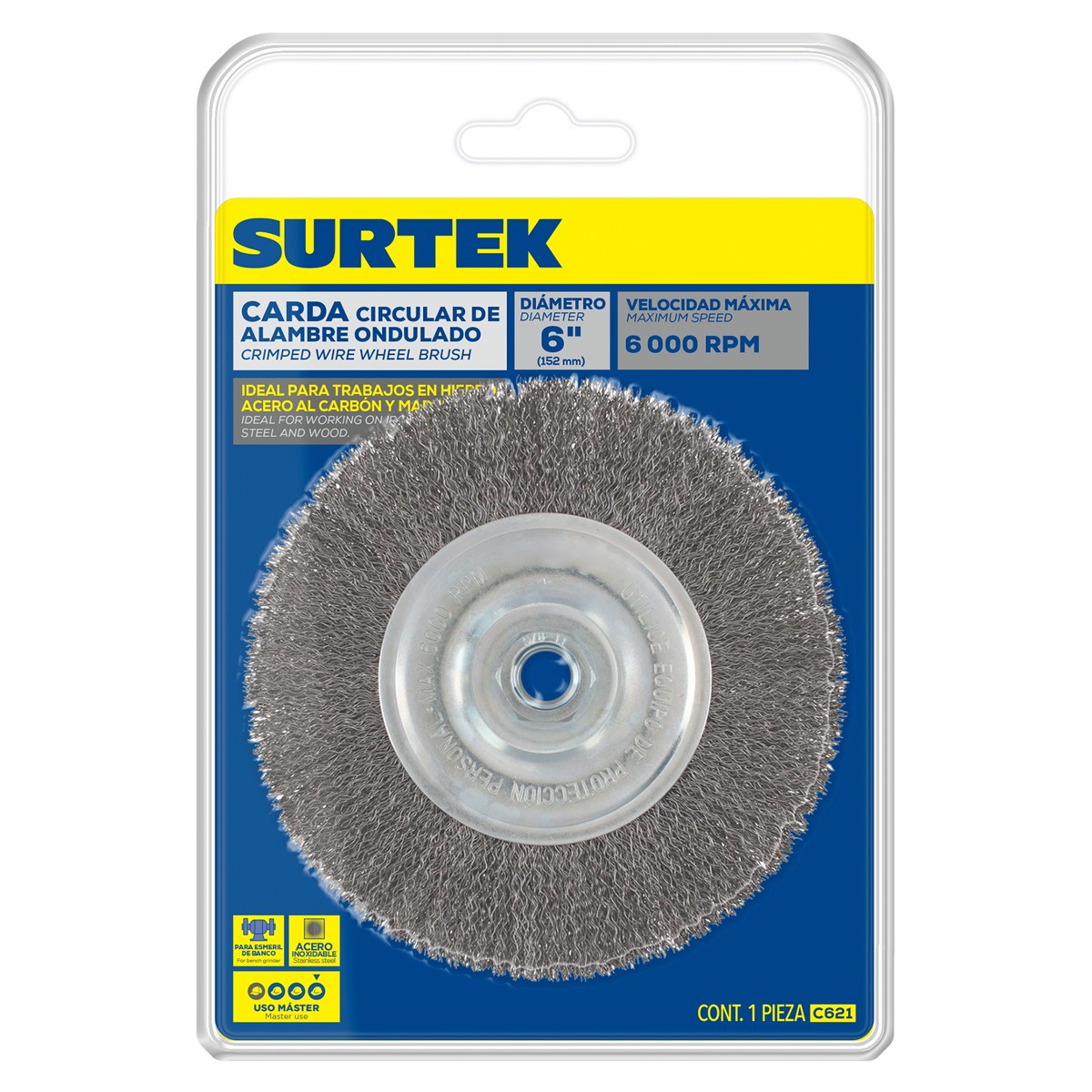 Carda circular ondulada alambre delgado de acero inoxidable 6" x 0.30 mm con rosca M14 Surtek - Imagen 2