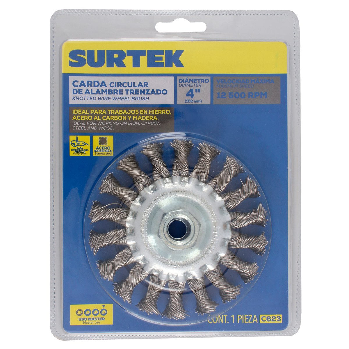 Carda circular ondulada alambre grueso acero inoxidable 4" x 0.30 mm con rosca 5/8" Surtek - Imagen 2
