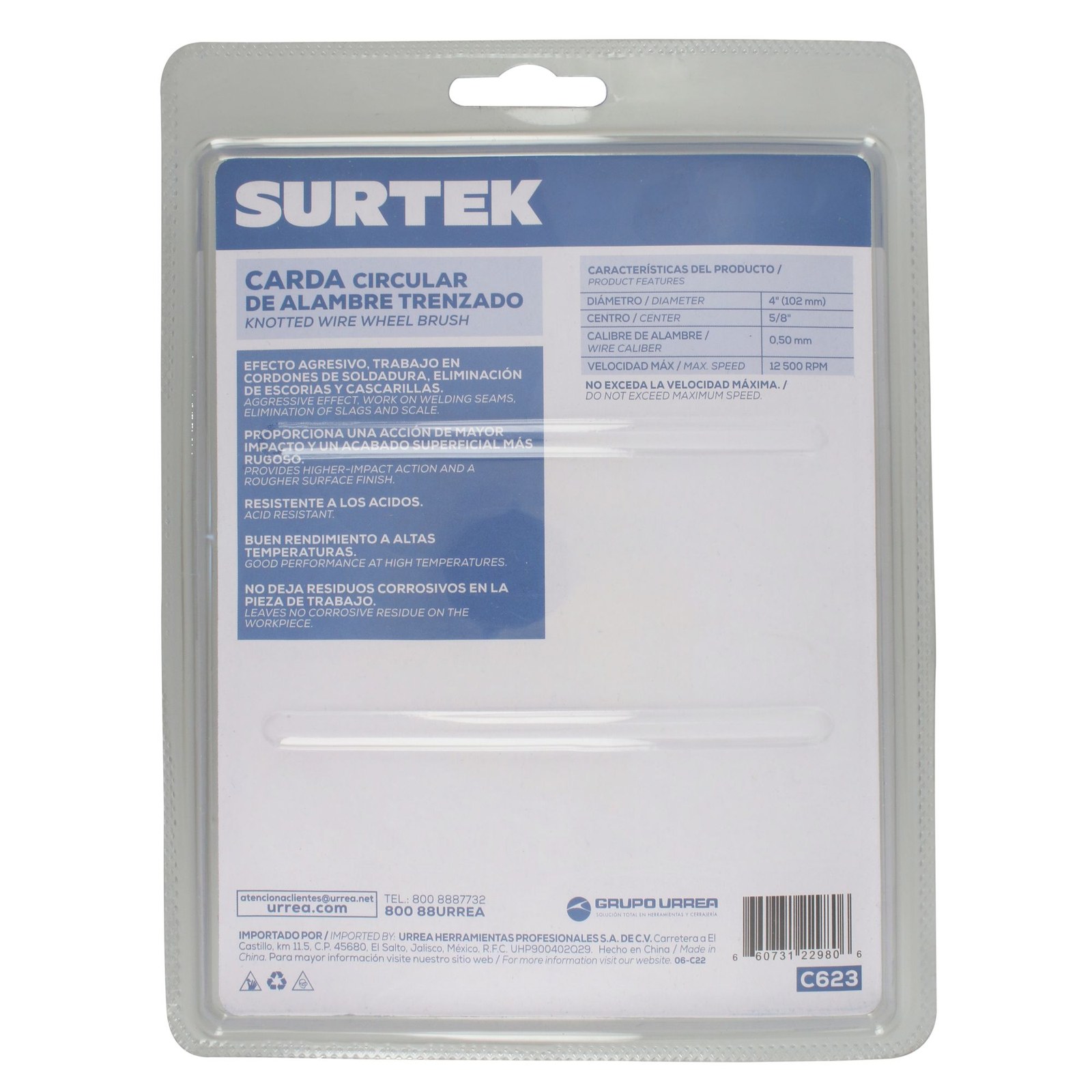 Carda circular ondulada alambre grueso acero inoxidable 4" x 0.30 mm con rosca 5/8" Surtek - Imagen 3