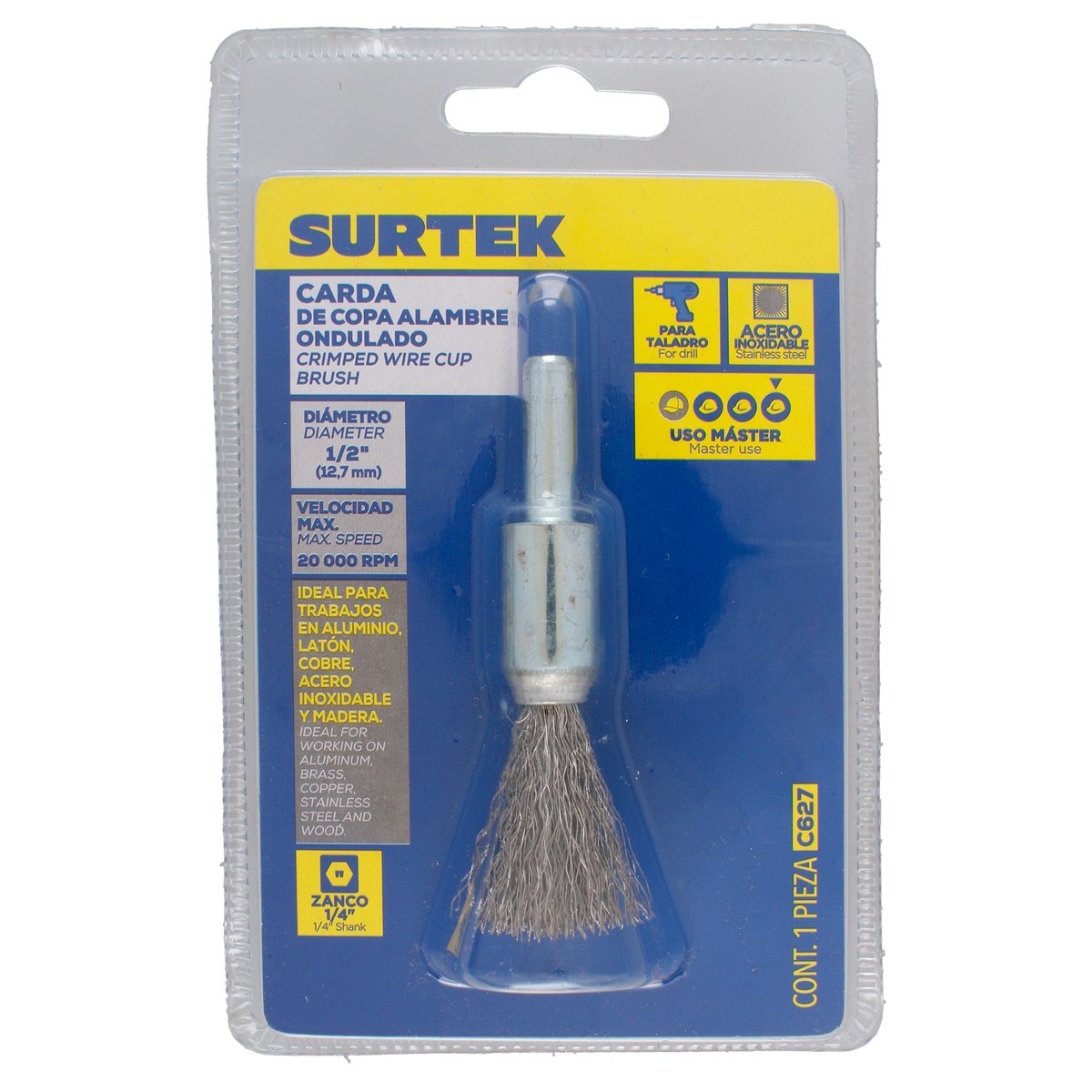 Carda copa ondulada alambre fino acero inoxidable 1/2" x 0.20 mm con zanco 1/4" Surtek - Imagen 3