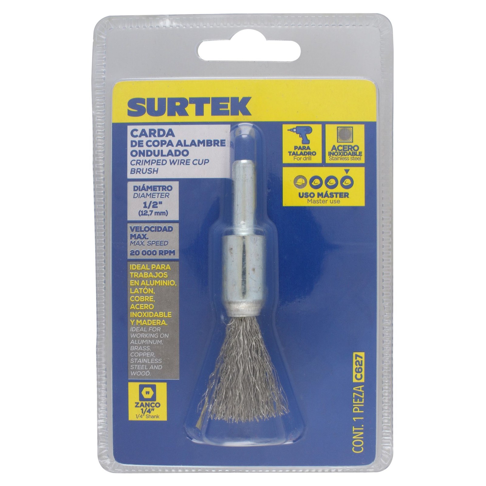 Carda copa ondulada alambre fino acero inoxidable 1/2" x 0.20 mm con zanco 1/4" Surtek - Imagen 4