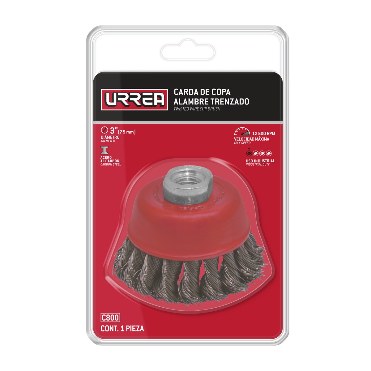 Carda copa trenzada alambre delgado 3" x 0. 35 mm con rosca 5/8" Urrea - Imagen 2