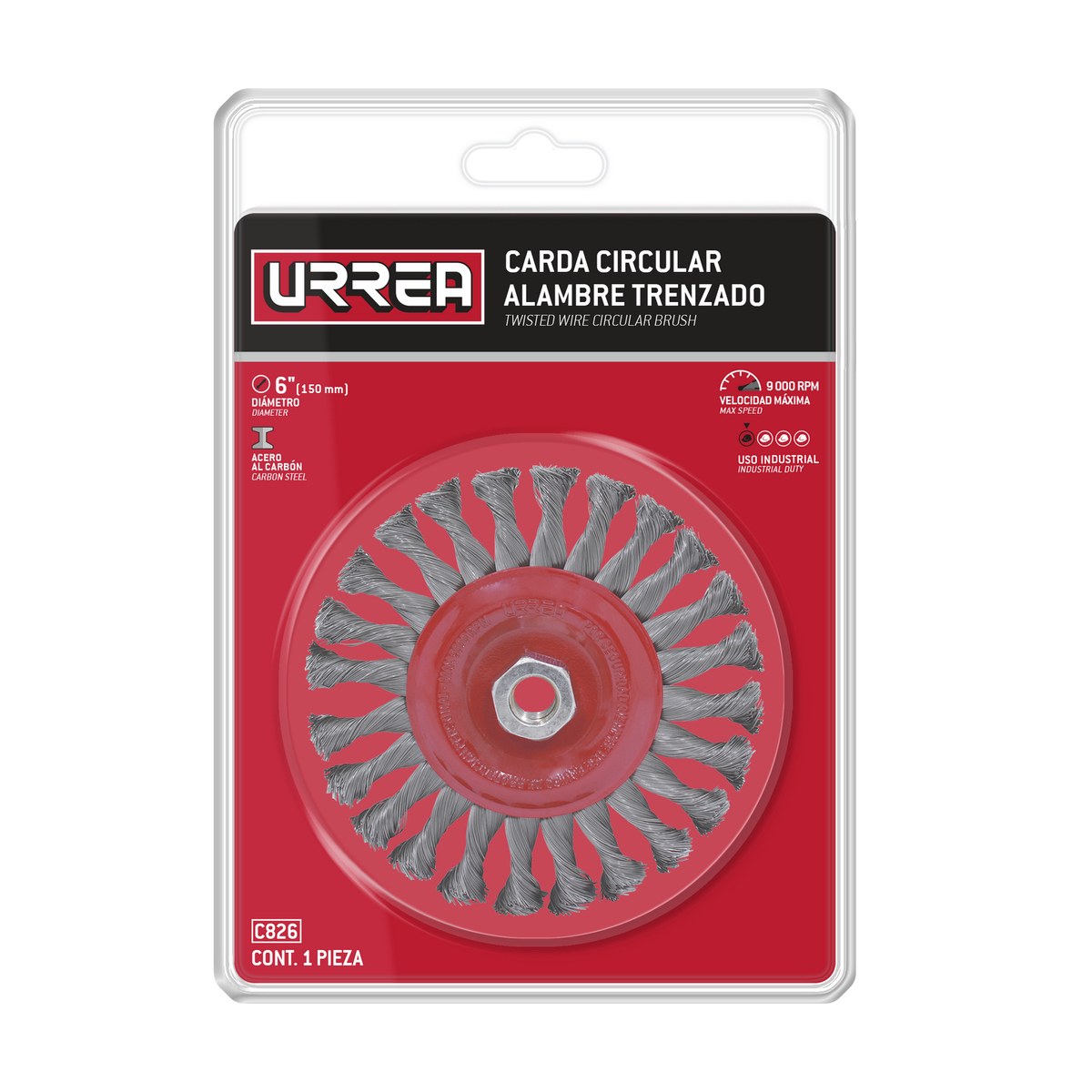 Carda circular trenzada alambre delgado 6" x 0.35 mm con rosca 5/8" Urrea - Imagen 2