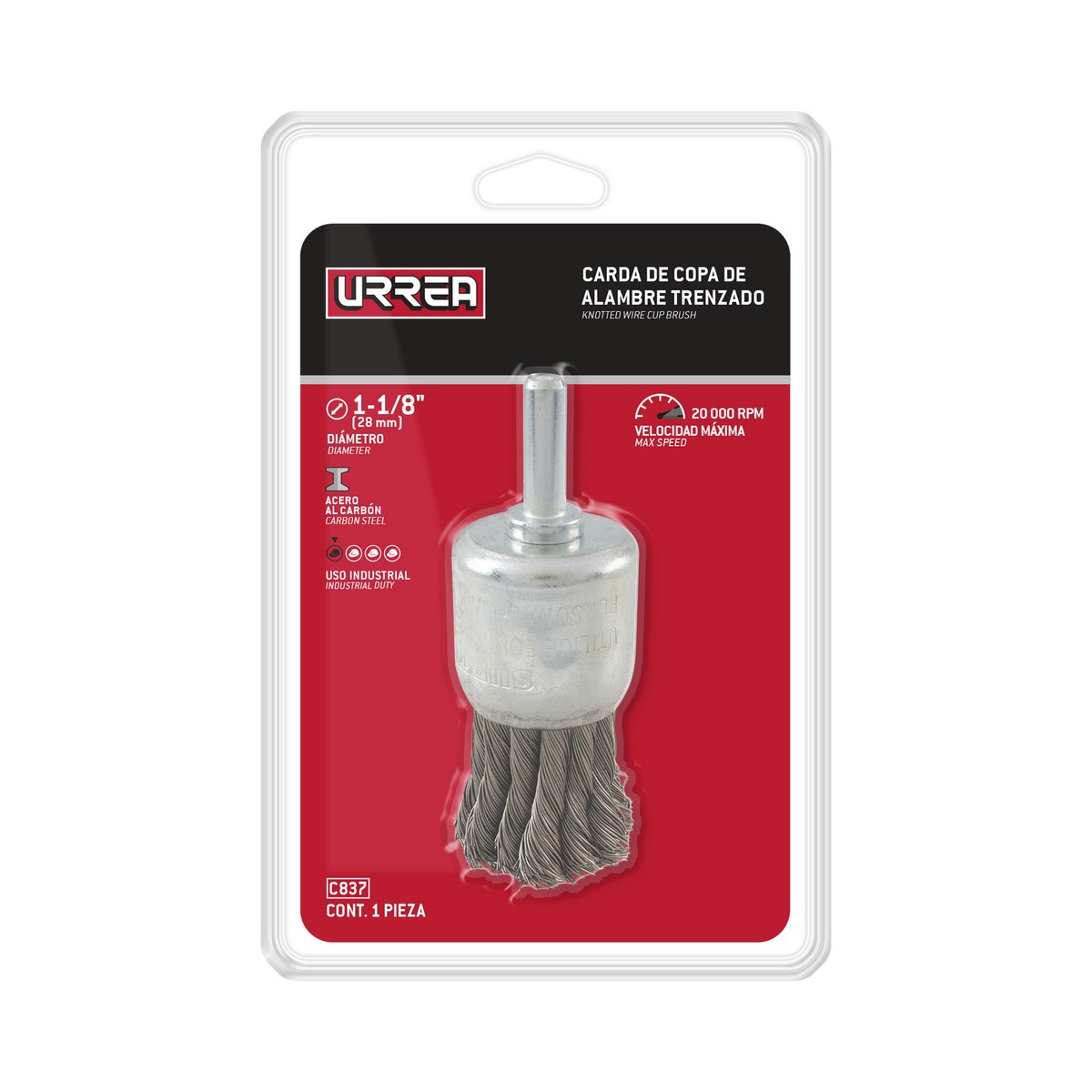Carda copa trenzada alambre delgado 1-1/8" x 0.35 mm con zanco 1/4" Urrea - Imagen 2