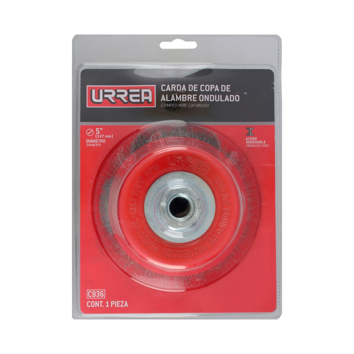 Carda copa ondulada alambre delgado de acero inoxidable 5" x 0.30 mm con rosca M14 Urrea - Imagen 2