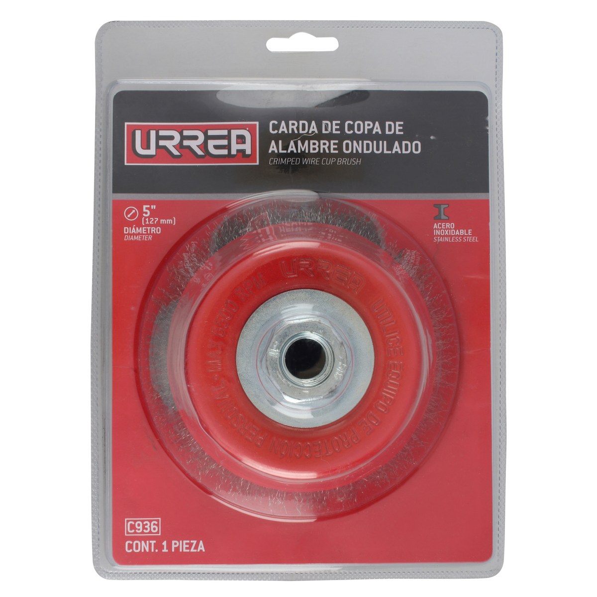 Carda copa ondulada alambre grueso de acero inoxidable 5" x 0.50 mm con rosca 5/8" Urrea - Imagen 3
