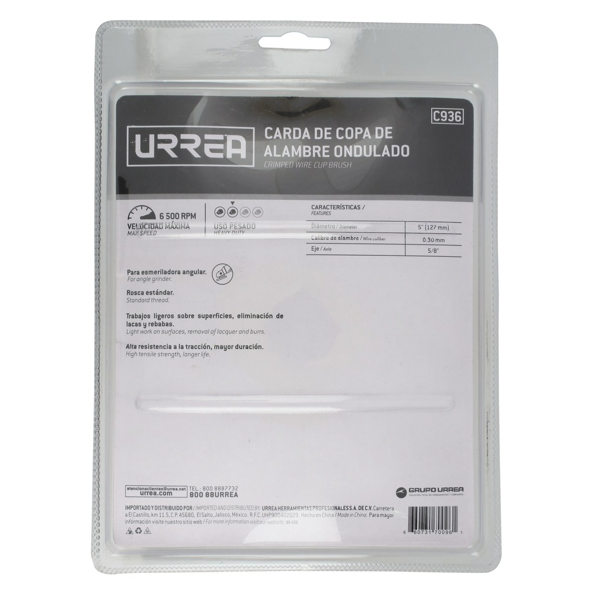 Carda copa ondulada alambre grueso de acero inoxidable 5" x 0.50 mm con rosca M14 Urrea - Imagen 4