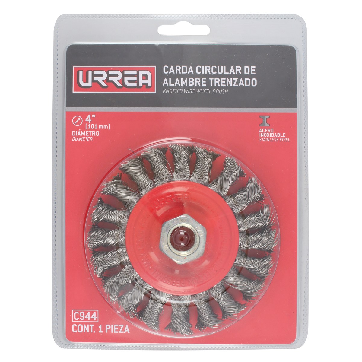 Carda circular trenzada alambre delgado de acero inoxidable 4" x 0.35 mm con rosca 5/8" Urrea - Imagen 2
