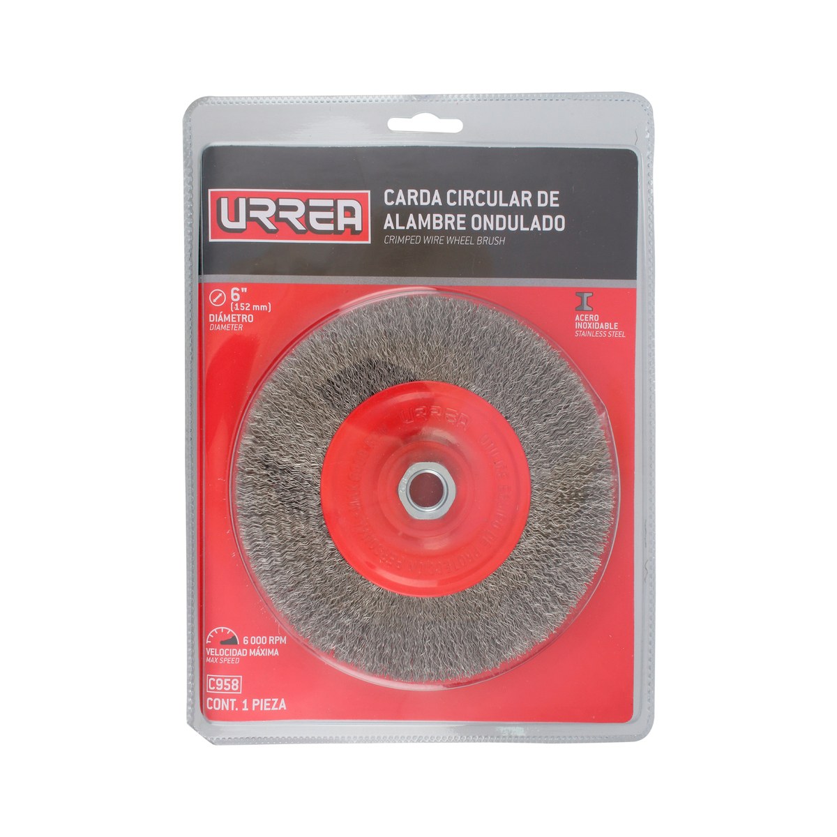 Carda circular ondulada alambre delgado de acero inoxidable 6" x 0.30 mm con rosca 5/8" Urrea - Imagen 2