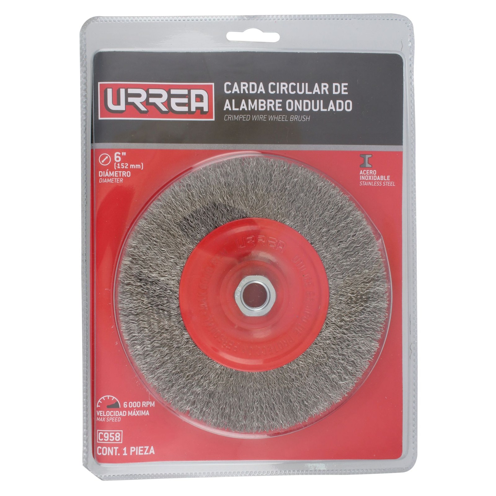 Carda circular ondulada alambre delgado de acero inoxidable 6" x 0.30 mm con rosca 5/8" Urrea - Imagen 3