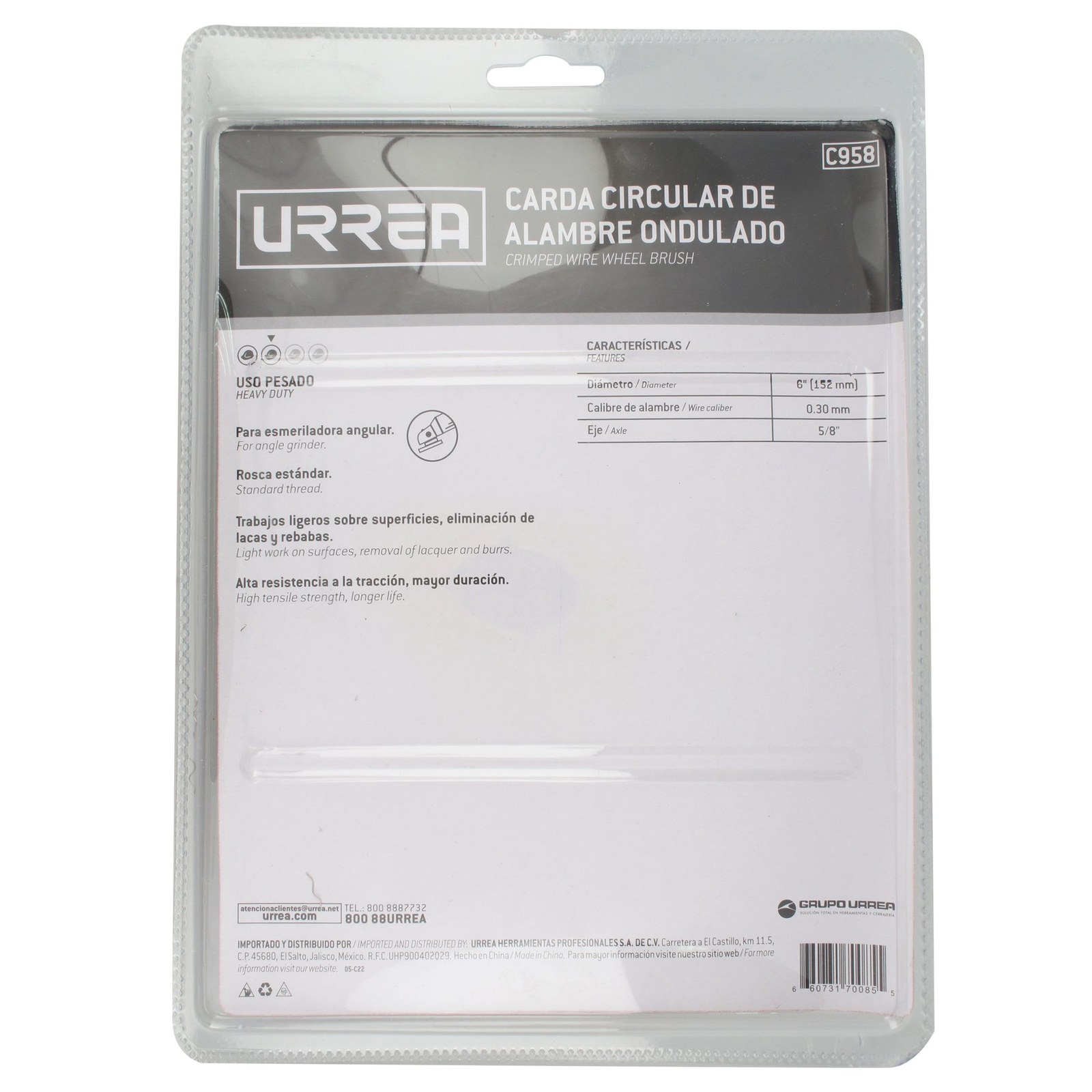 Carda circular ondulada alambre delgado de acero inoxidable 6" x 0.30 mm con rosca 5/8" Urrea - Imagen 4