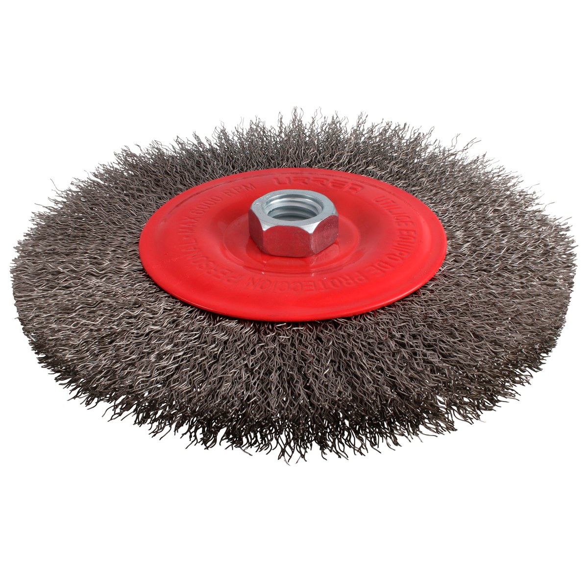 Carda circular ondulada alambre delgado de acero inoxidable 6" x 0.30 mm con rosca M14 Urrea