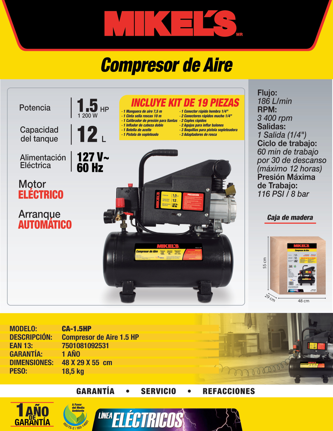 MIKELS CA-1.5HP Compresor de aire 1.5 HP (12 lts) - Imagen 4