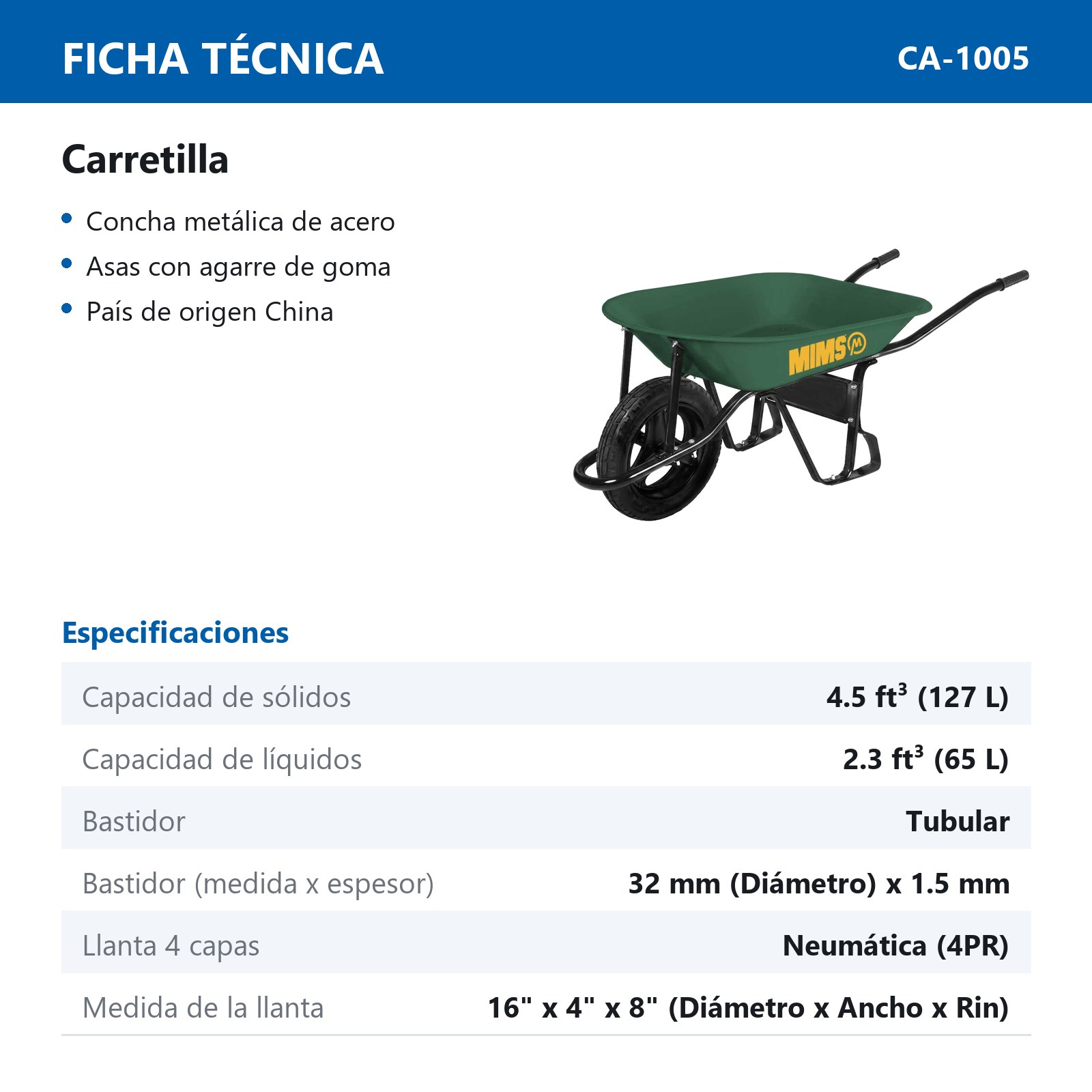 CARRETILLA LLANTA NEUMATICA 4.5 ft3 BASTIDOR TUBULAR - Imagen 2