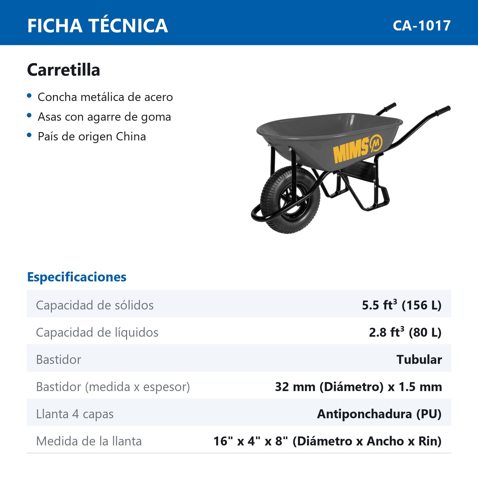 CARRETILLA LLANTA DE PU ANTIPONCHADURA 5.5 ft3 BASTIDOR TUBULAR - Imagen 2