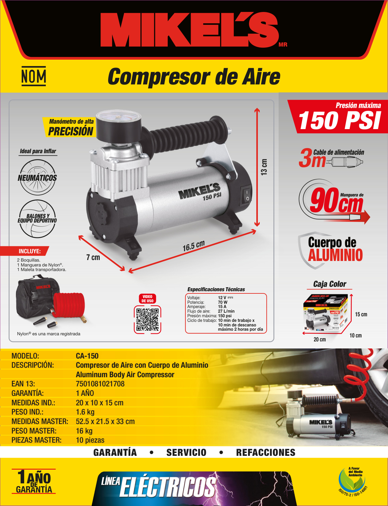 MIKELS CA-150 Compresor de aire, cuerpo de aluminio (150 PSI) - Imagen 4