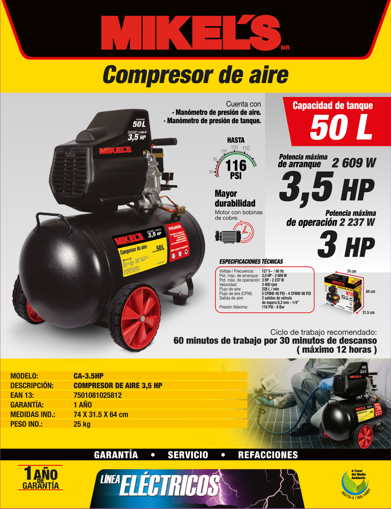 MIKELS CA-3.5HP Compresor de aire 3.5 HP (50 lts) - Imagen 2