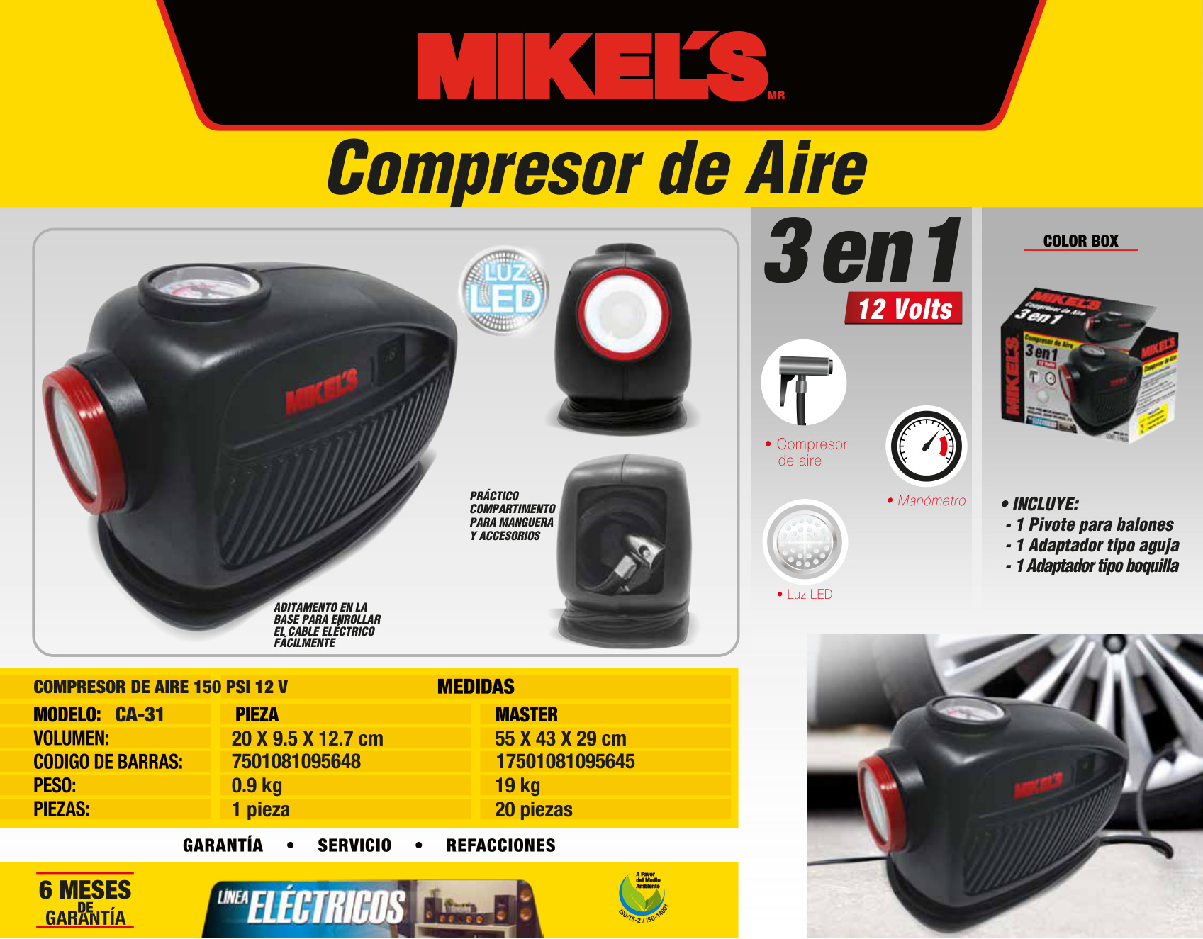 MIKELS CA-31 Mini Compresor de aire 12 V 3 en 1 (150 PSI) - Imagen 4
