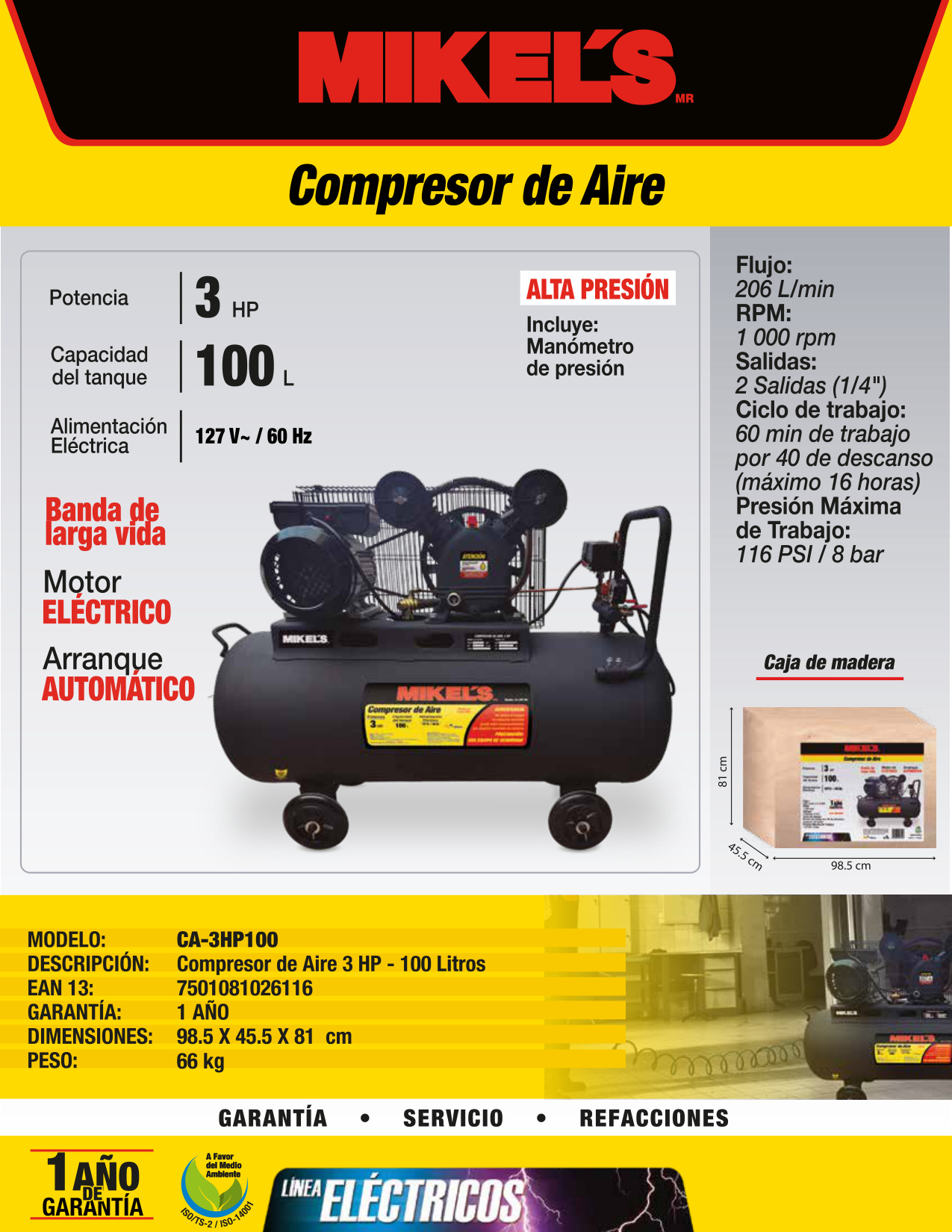 MIKELS CA-3HP100 Compresor de aire 3 HP con banda (100 lts) - Imagen 4